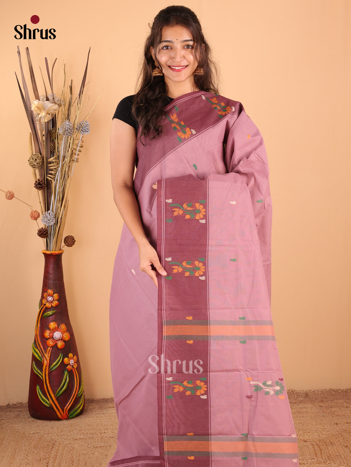 Onion Pink with Brown - Chettinad Cotton Saree - DDS09404 - Shop on Shrus.com