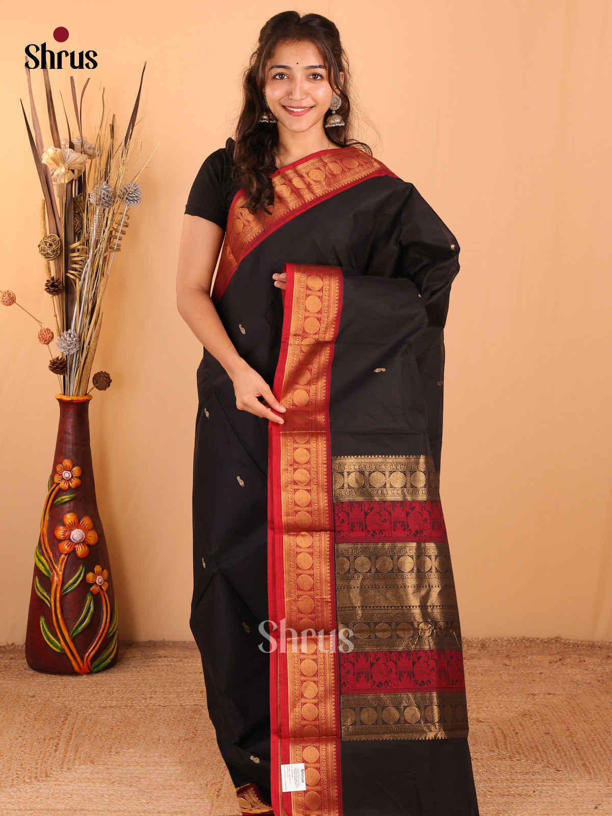 Black with Red - Chettinad Cotton Saree - DDS09406 - Shop on Shrus.com
