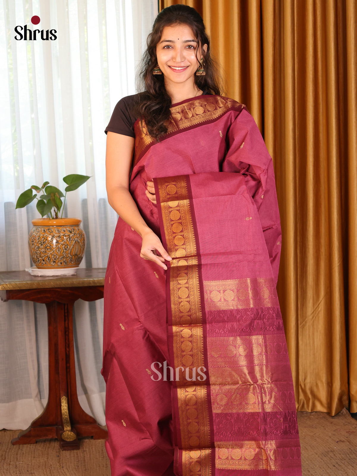 Dark Onion pink with Maroon - Chettinad Cotton Saree - DDS09408 - Shop on Shrus.com