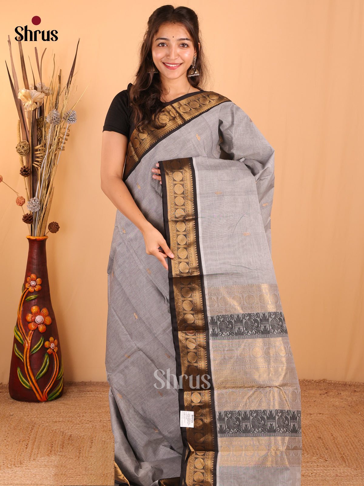 Grey with Black - Chettinad Cotton Saree - DDS09409 - Shop on Shrus.com