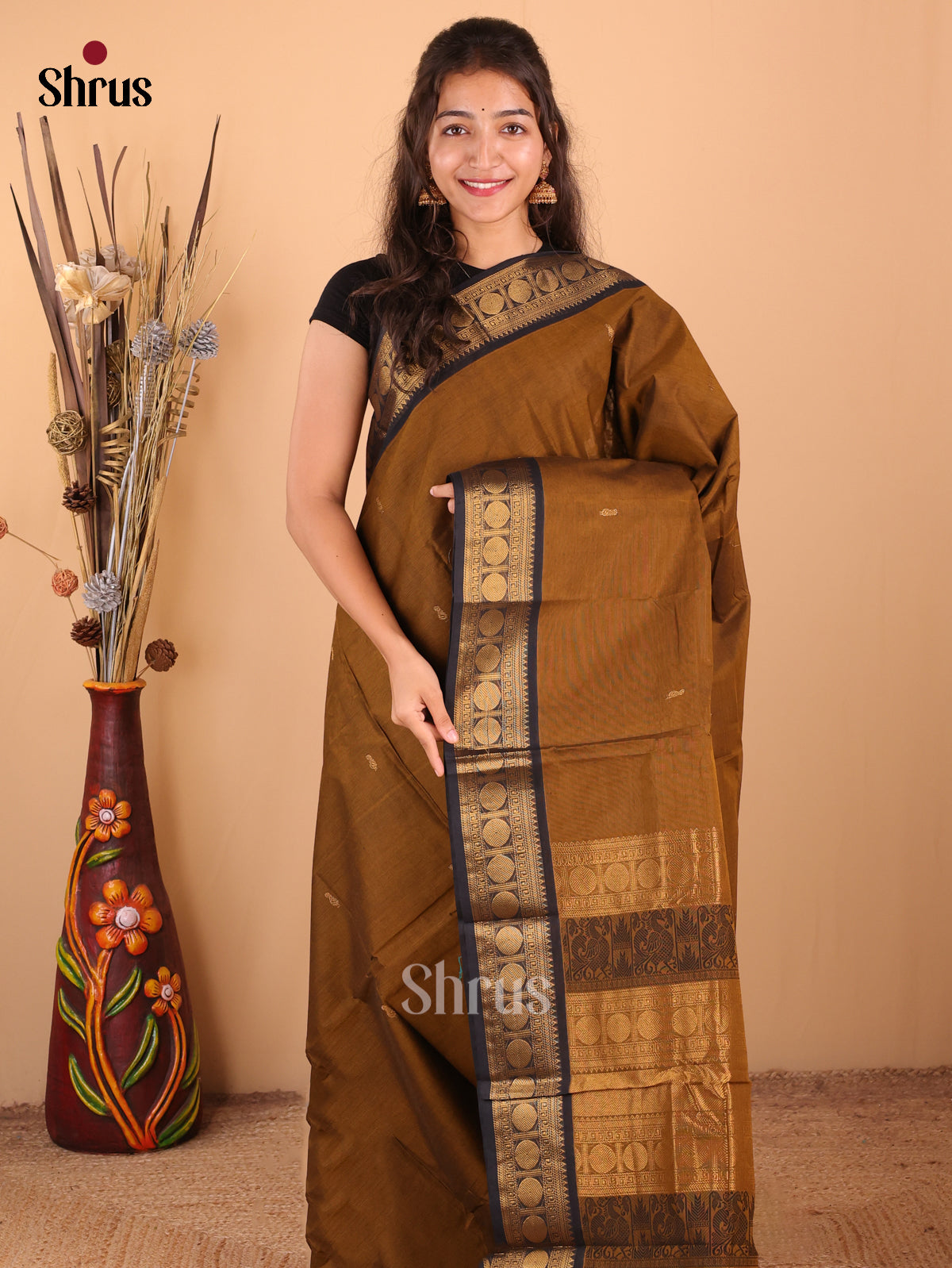 Brown with Navy blue - Chettinad Cotton Saree - DDS09410 - Shop on Shrus.com