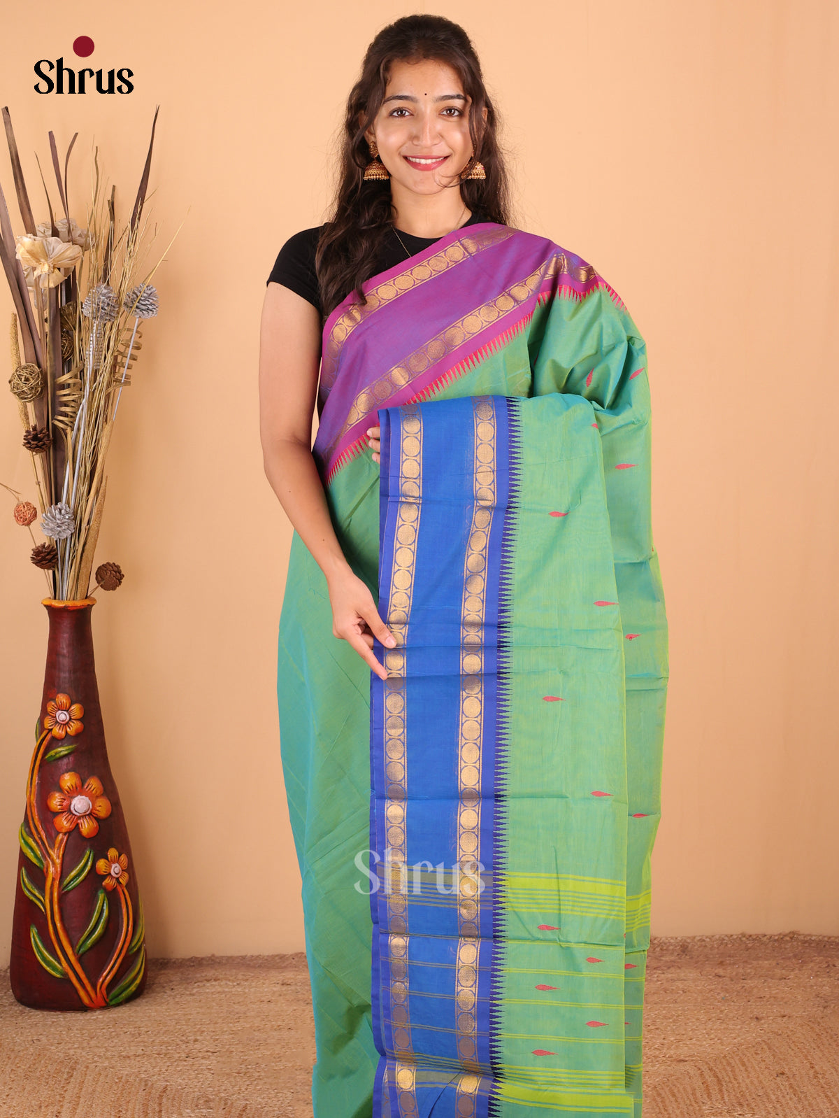 Dual Tone Green with Royal Blue & purple - Chettinad Cotton Saree - DDS10003 - Shop on Shrus.com