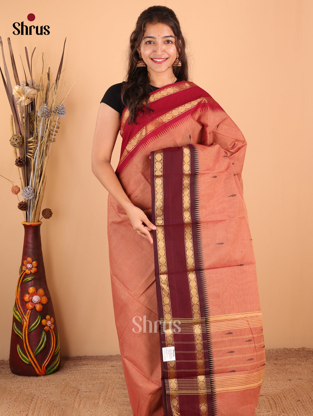 Dual Tone Brown & Maroon - Chettinad Cotton Saree - DDS10010 - Shop on Shrus.com