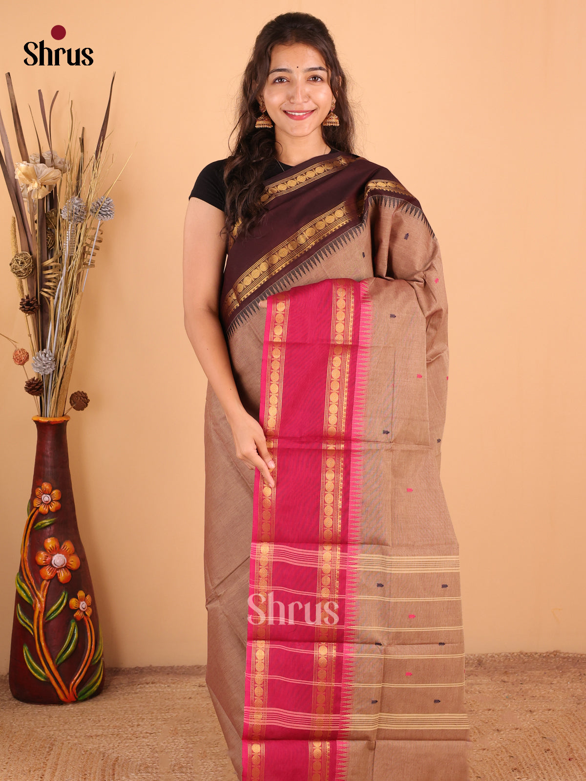 Light Brown with Brown & Pink Border - Chettinad Cotton Saree - DDS10013 - Shop on Shrus.com