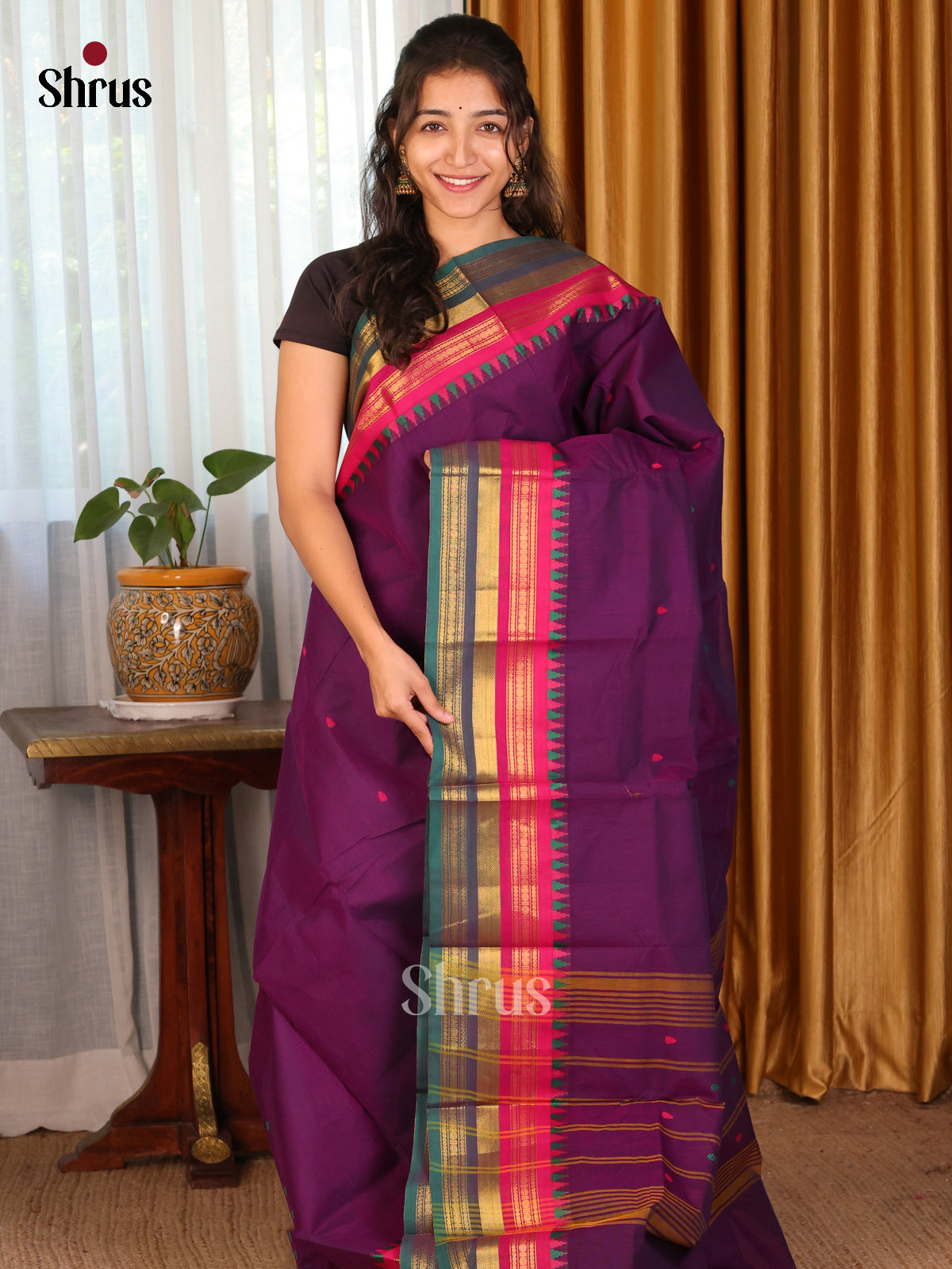 Plum with peacock green - Chettinad Cotton Saree - DDS10016 - Shop on Shrus.com