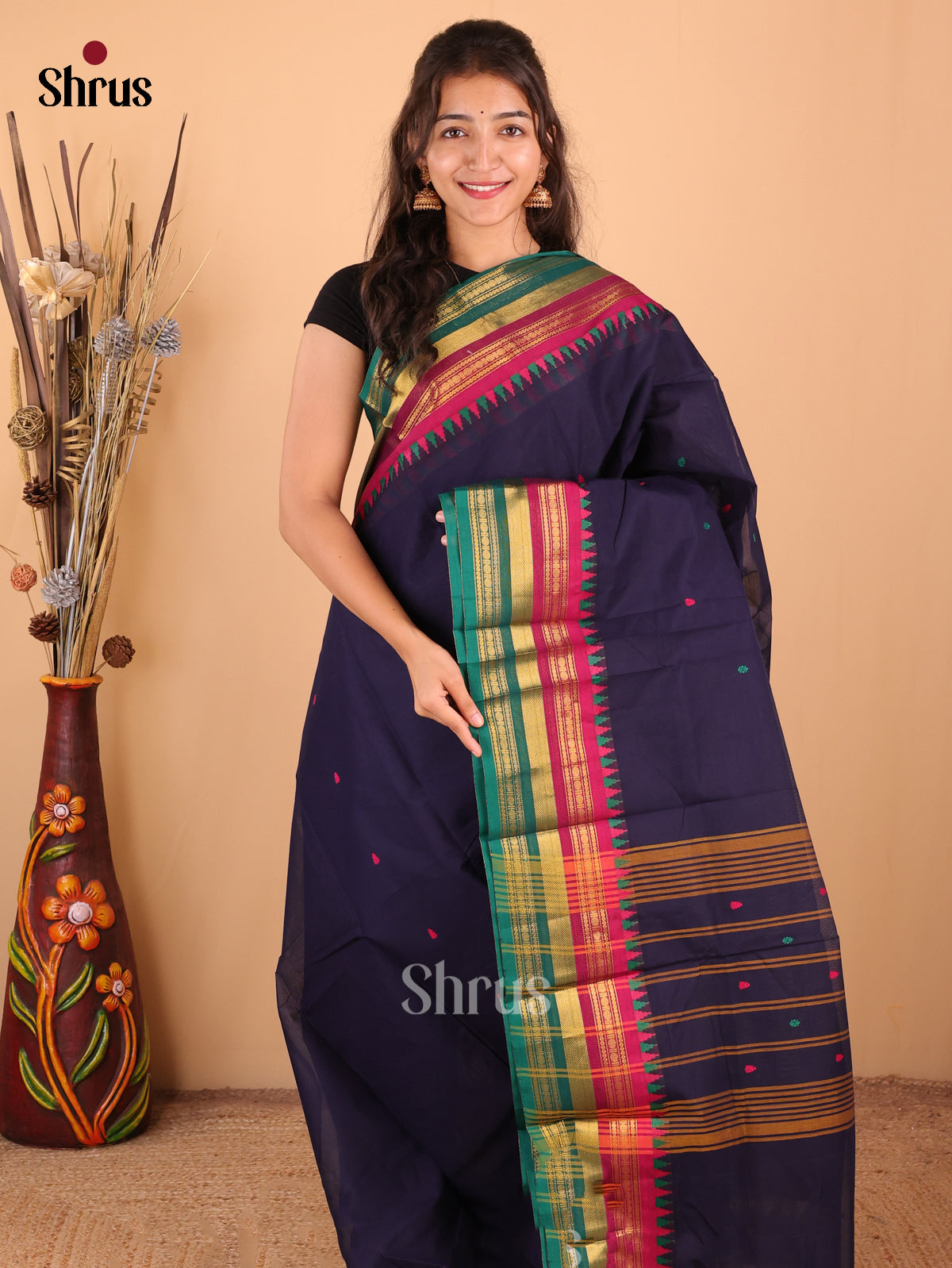 Navy Blue with Green - Chettinad Cotton Saree - DDS10019 - Shop on Shrus.com