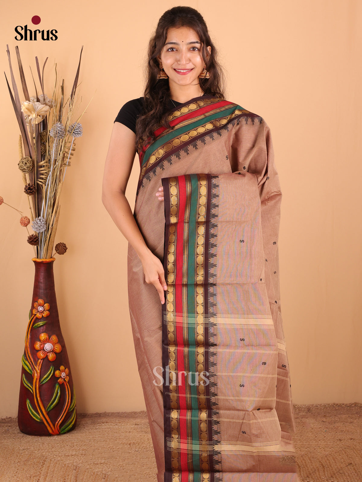 Light Brown with dark brown - Chettinad Cotton Saree - DDS10028 - Shop on Shrus.com