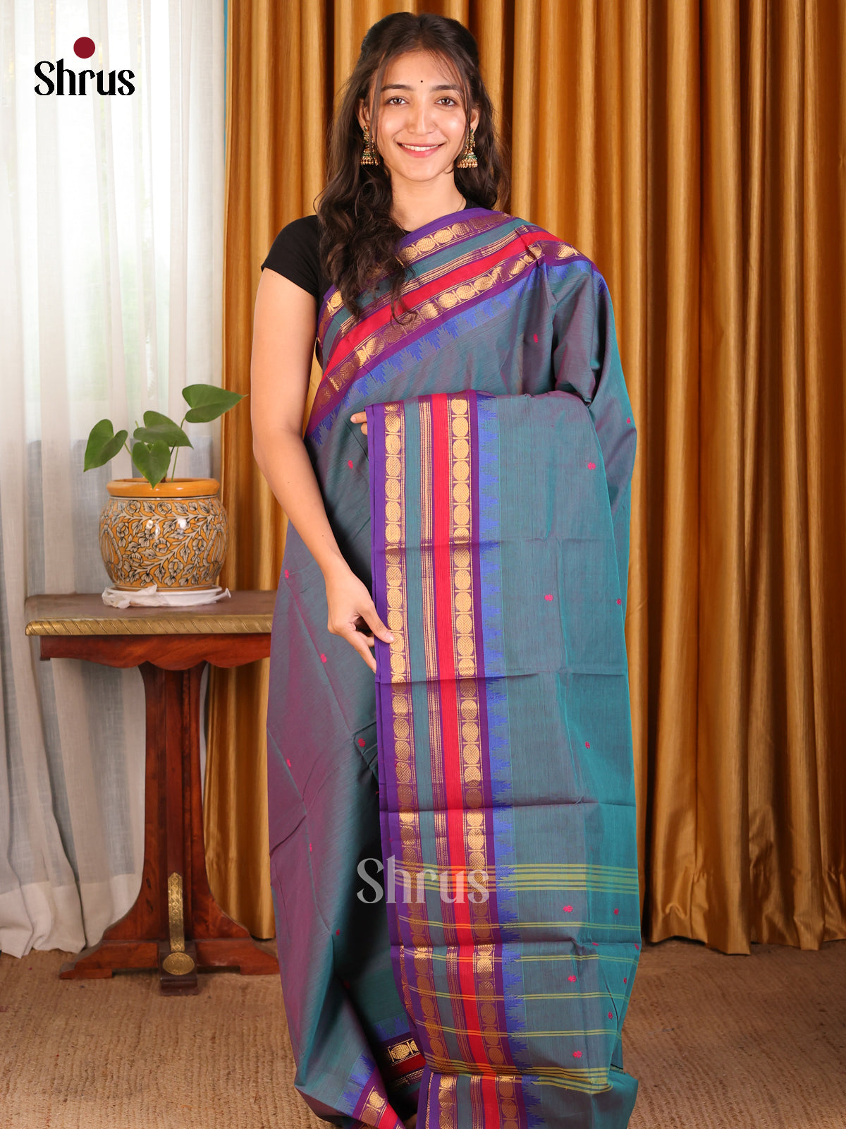 Peacock Green with Violet - Chettinad Cotton Saree - Shop on Shrus.com