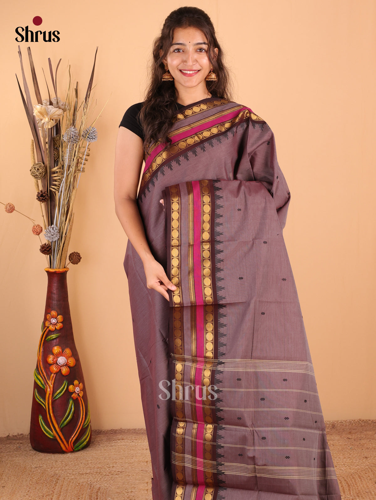 Dual Tone grey with dark maroon - Chettinad Cotton Saree - DDS10032 - Shop on Shrus.com