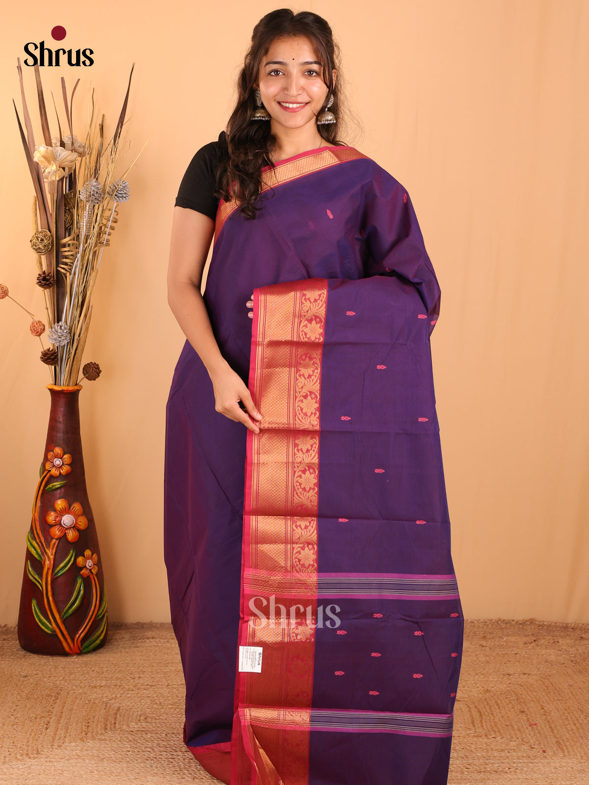 Violet with pink - Chettinad Cotton Saree - DDS10038 - Shop on Shrus.com