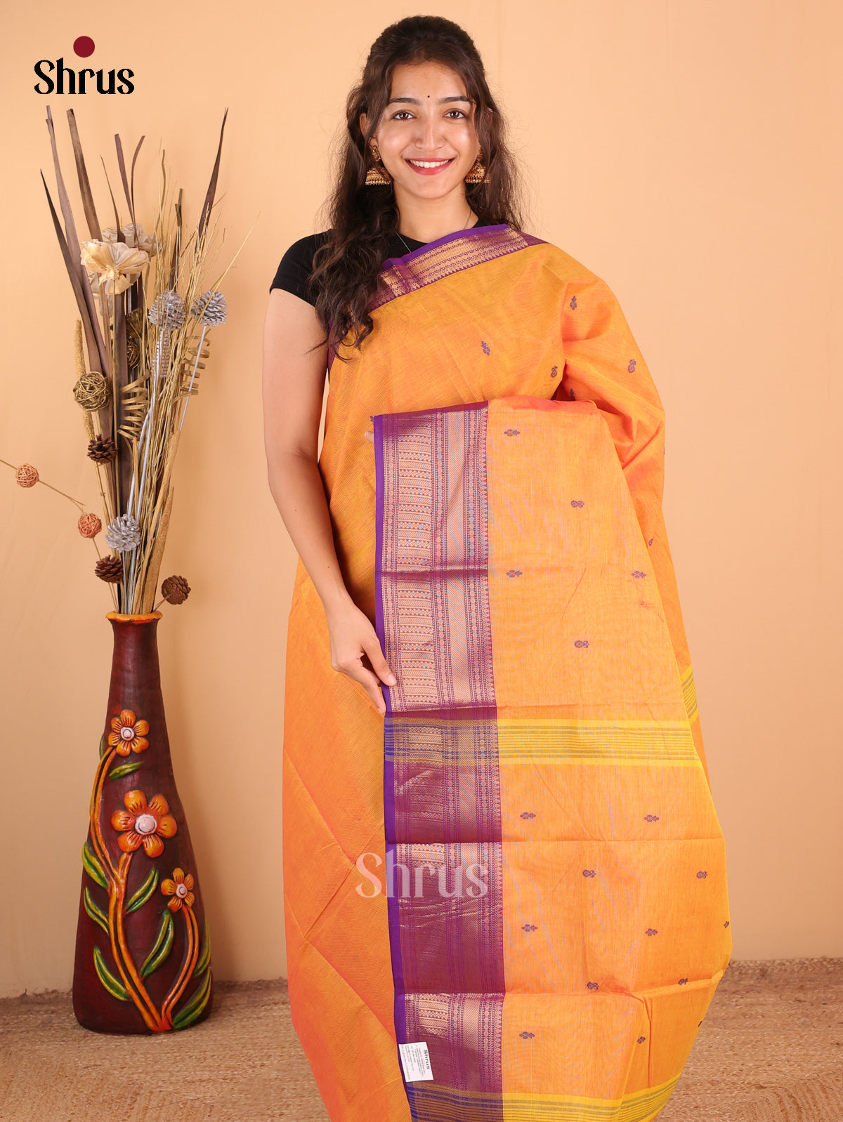 Dual Tone Mustard yellow with Violet - Chettinad Cotton Saree - DDS10039 - Shop on Shrus.com