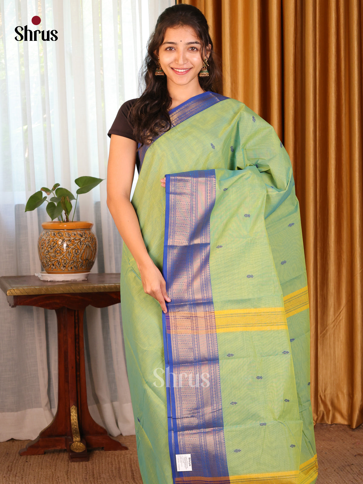 Pista Green with Blue - DDS10042 - Chettinad Cotton Saree - Shop on Shrus.com