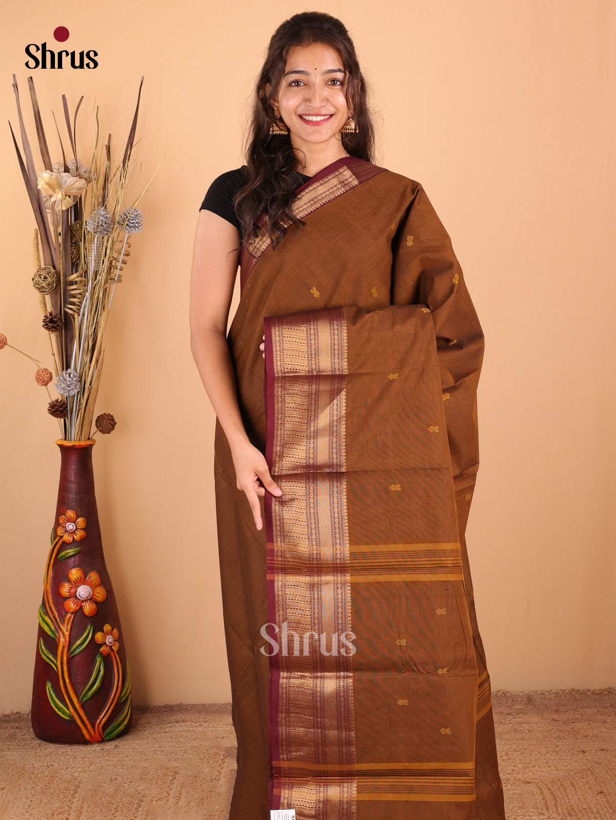 Brown with Dark Maroon - Chettinad Cotton Saree - DDS10045 - Shop on Shrus.com