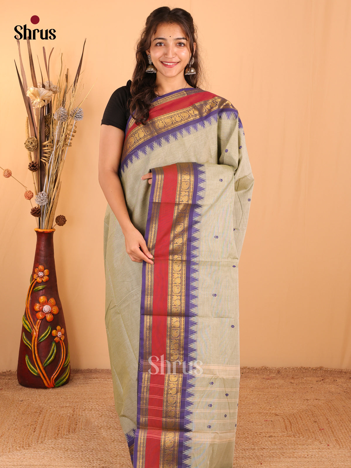 Pastel green with Royal blue - Chettinad Cotton Saree - DDS10050 - Shop on Shrus.com