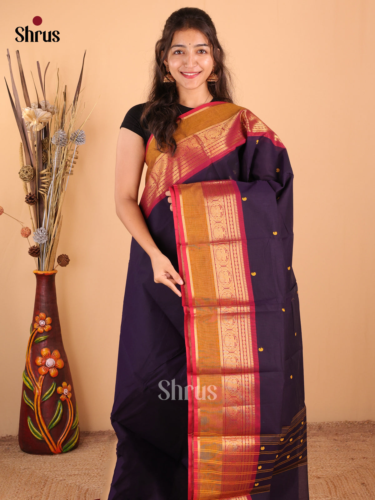 Navy Blue with pink - Chettinad Cotton Saree - DDS10057 - Shop on Shrus.com