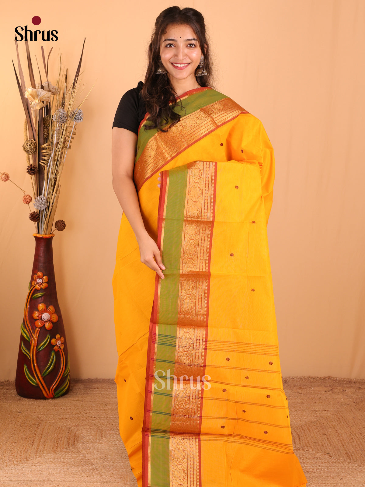 Mango yellow with Green - Chettinad Cotton Saree - DDS10059 - Shop on Shrus.com
