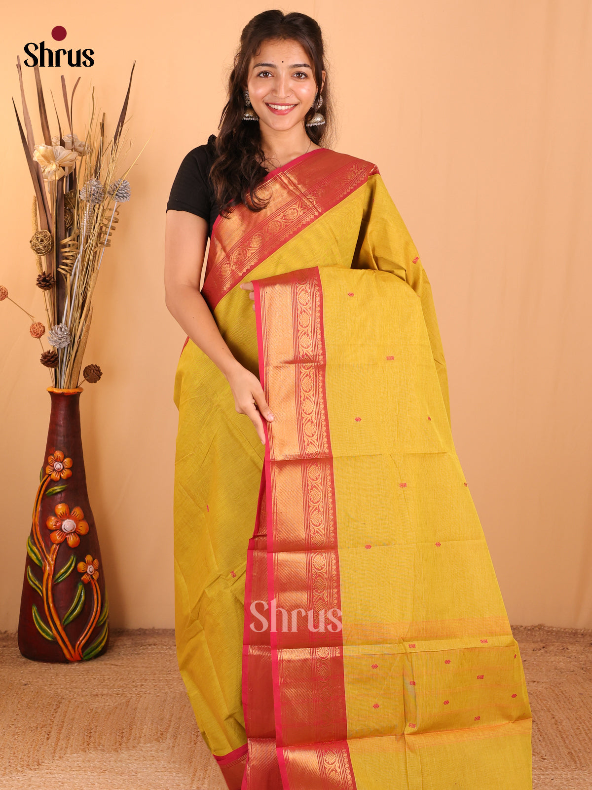 Lime yellow with pink - Chettinad Cotton Saree - DDS10060 - Shop on Shrus.com