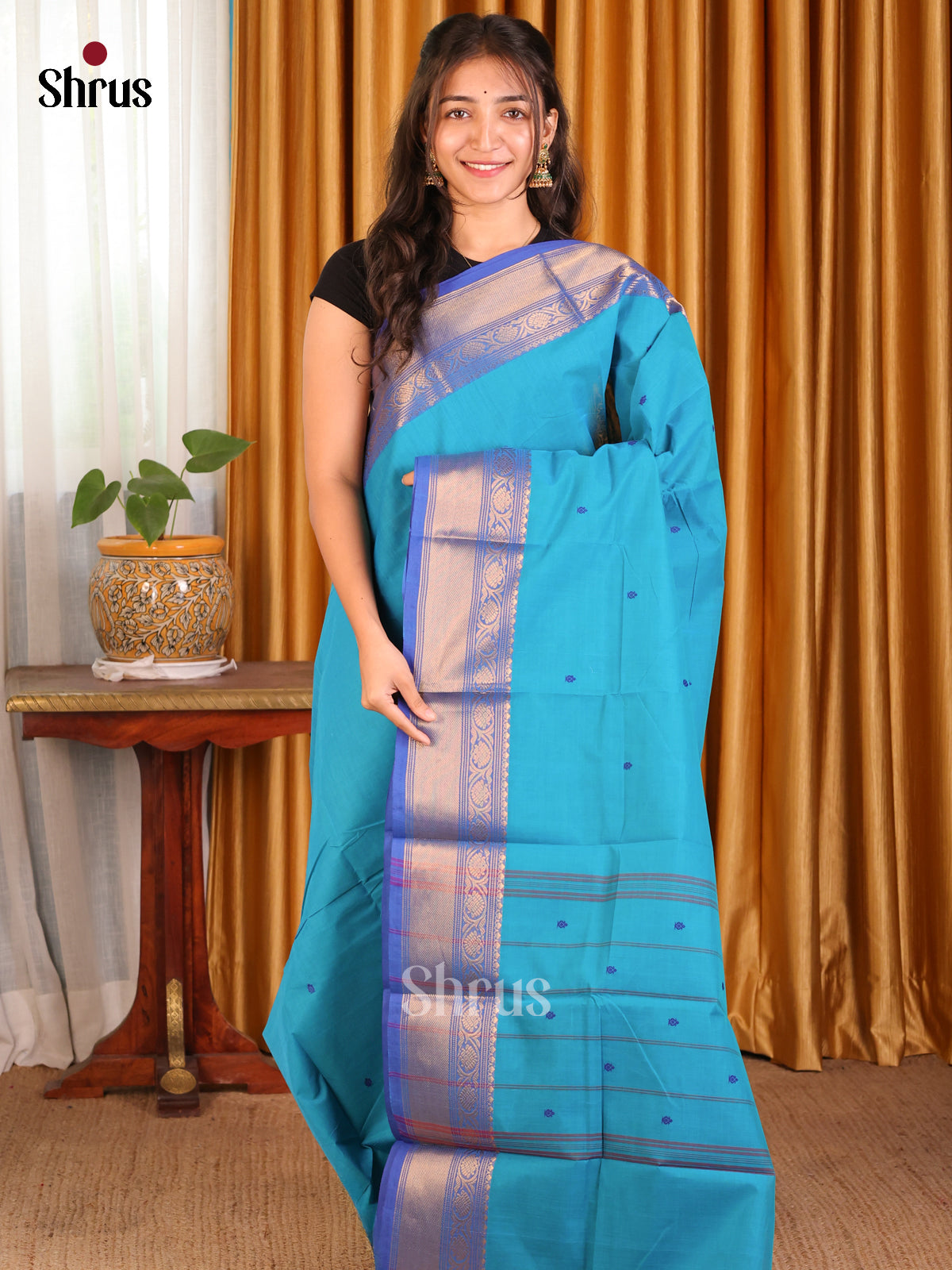 Exquisite Teal Chettinad Cotton Saree with Blue Zari Border & Self Pallu - Shop on Shrus.com