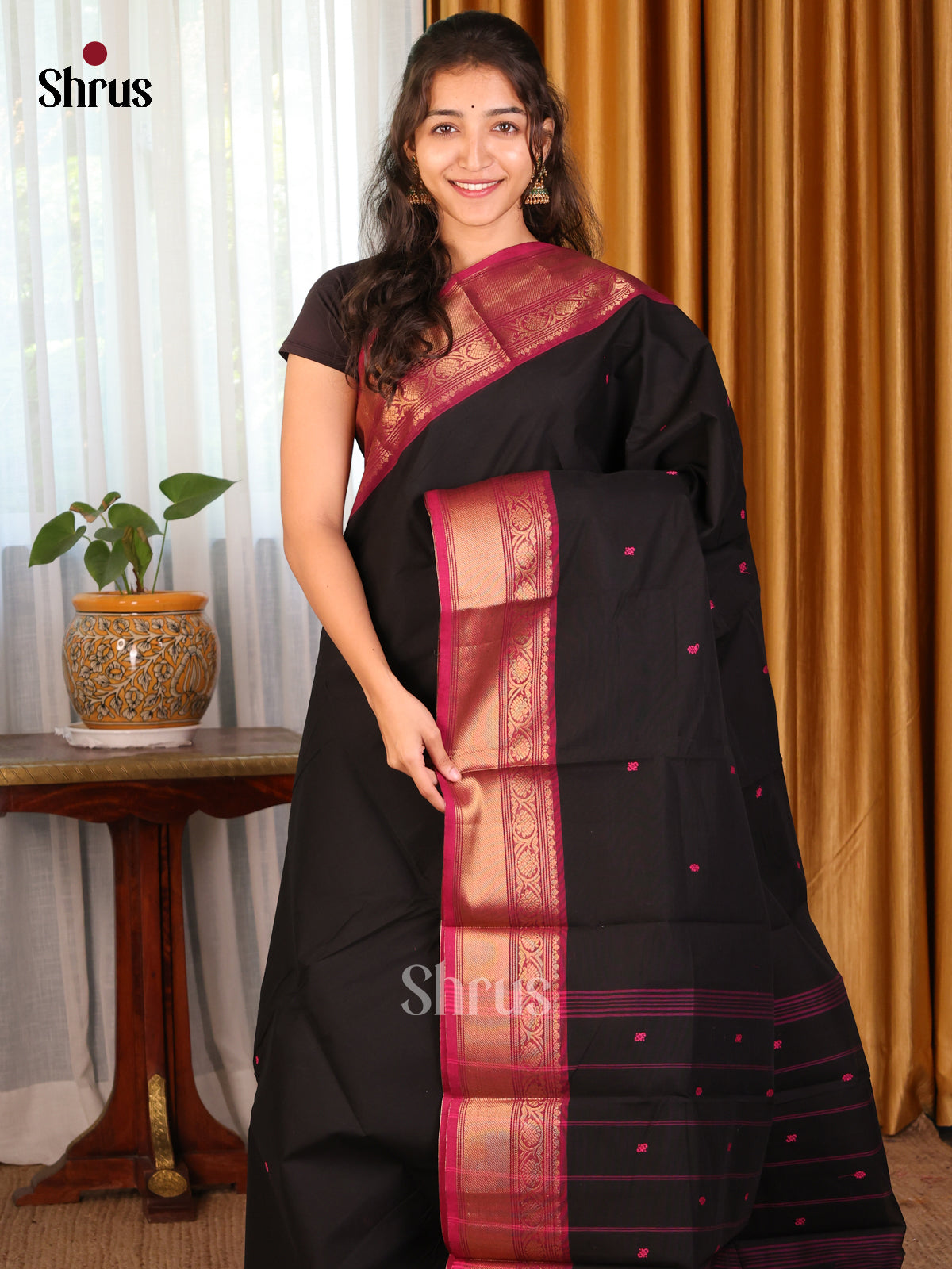 Black with Maroon -DDS10066 - Chettinad Cotton Saree - Shop on Shrus.com
