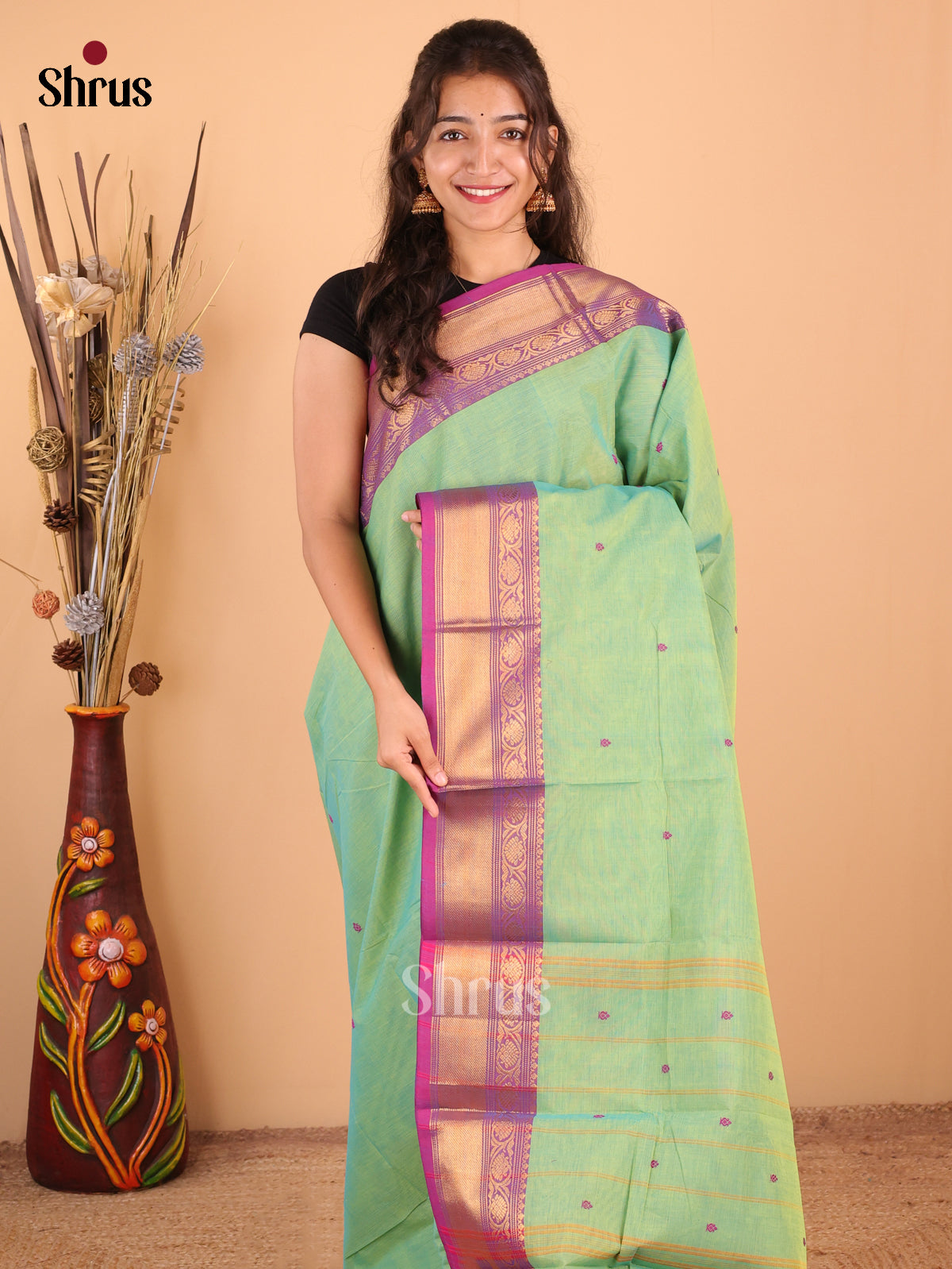 Dual Tone Paarrot Green with blue & Purple Border - Chettinad Cotton Saree - DDS10068 - Shop on Shrus.com