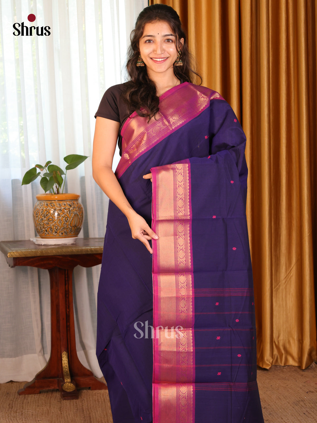 Navy blue with Pink - Chettinad Cotton Saree - DDS10069 - Shop on Shrus.com