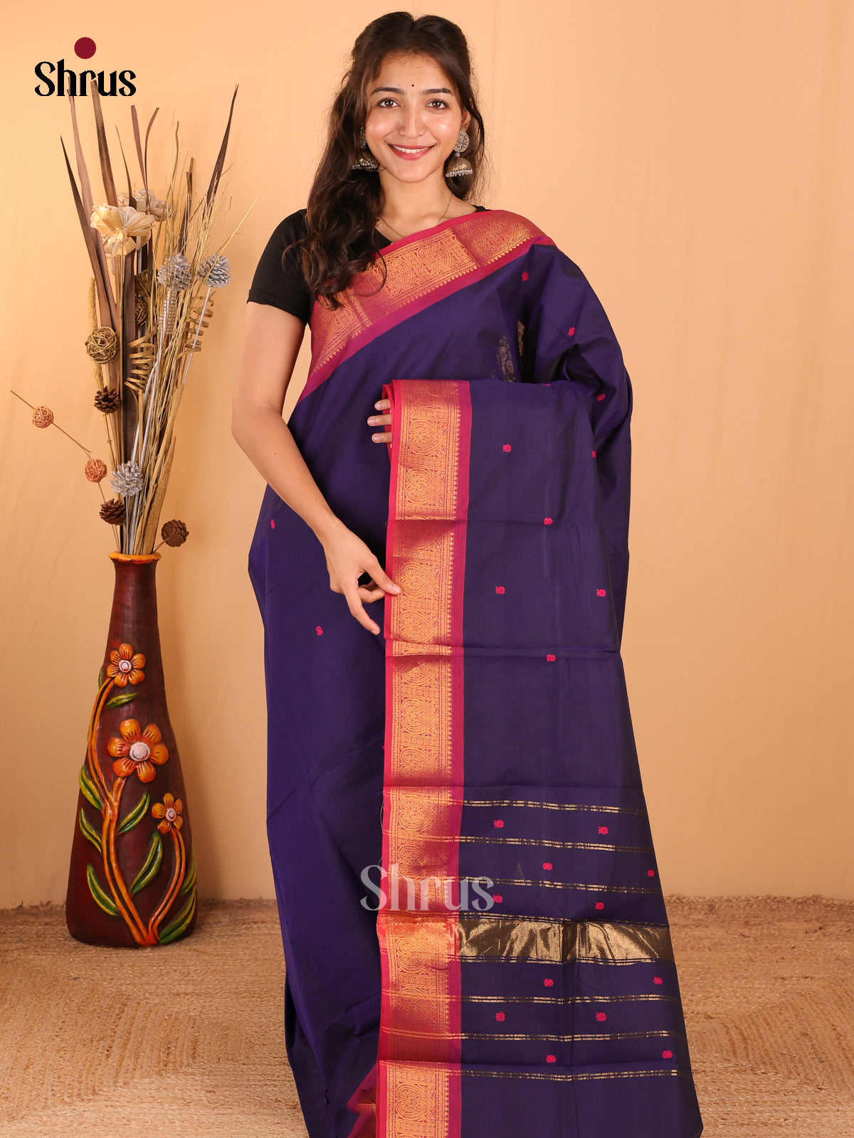 Navy Blue with Pink - Chettinad Cotton Saree - DDS10074 - Shop on Shrus.com