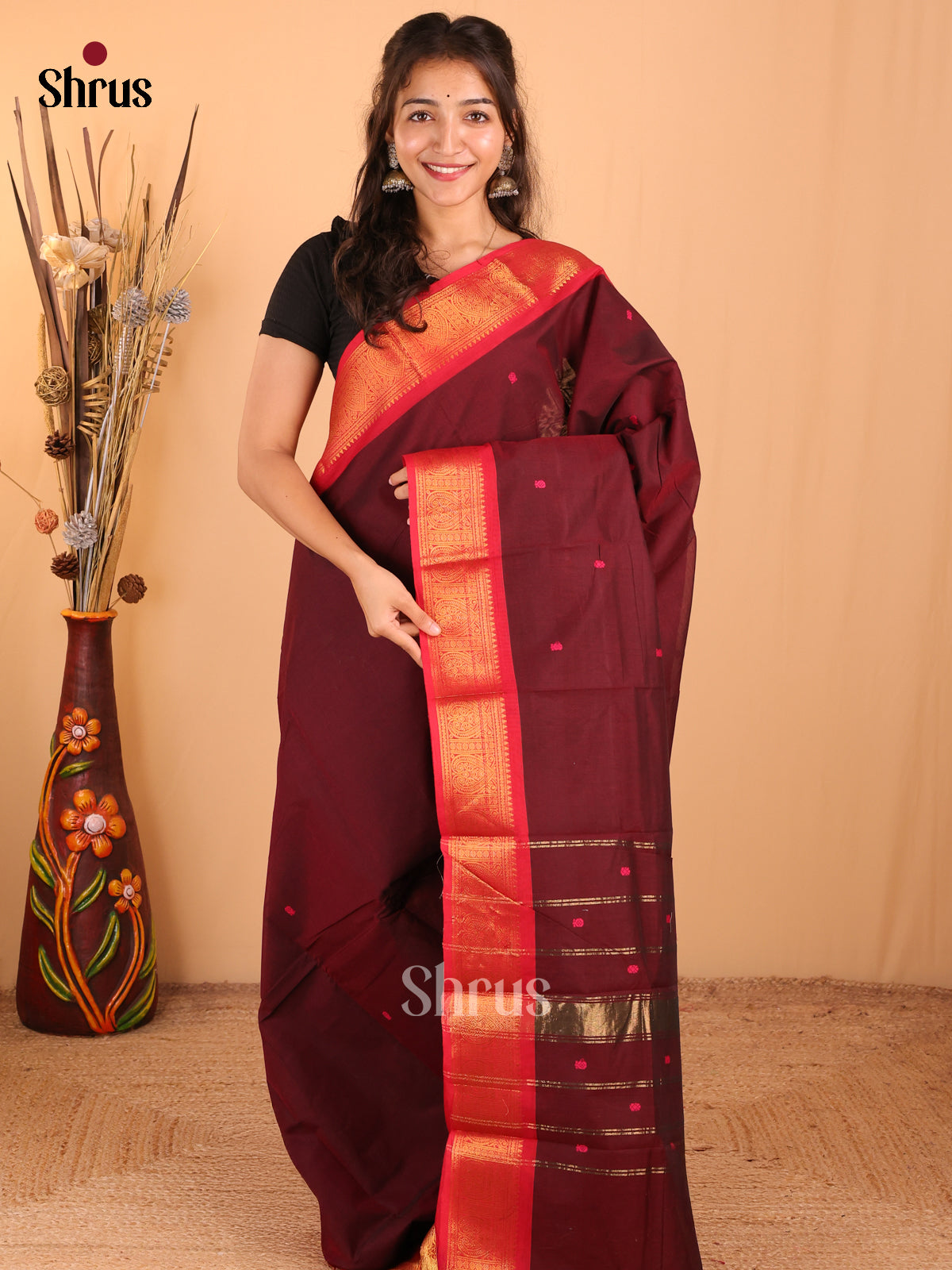 Dark Maroon with Red - Chettinad Cotton Saree - DDS10075 - Shop on Shrus.com