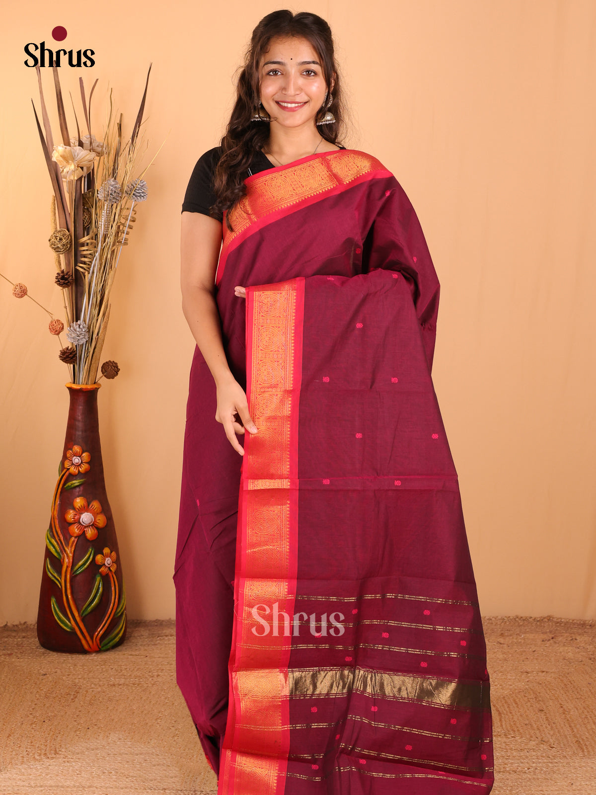 Plum with Red - Chettinad Cotton Saree - DDS10077 - Shop on Shrus.com