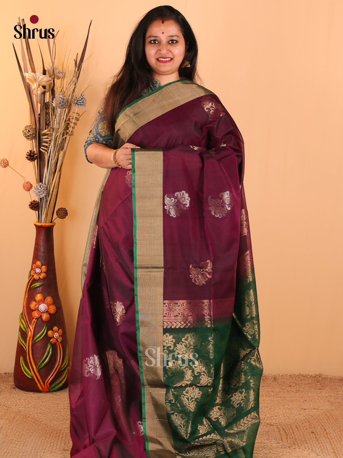 Pretty Wine Silk Cotton Saree With Silver & Gold Motifs & Green Zari Border & Pallu - Shop on Shrus.com