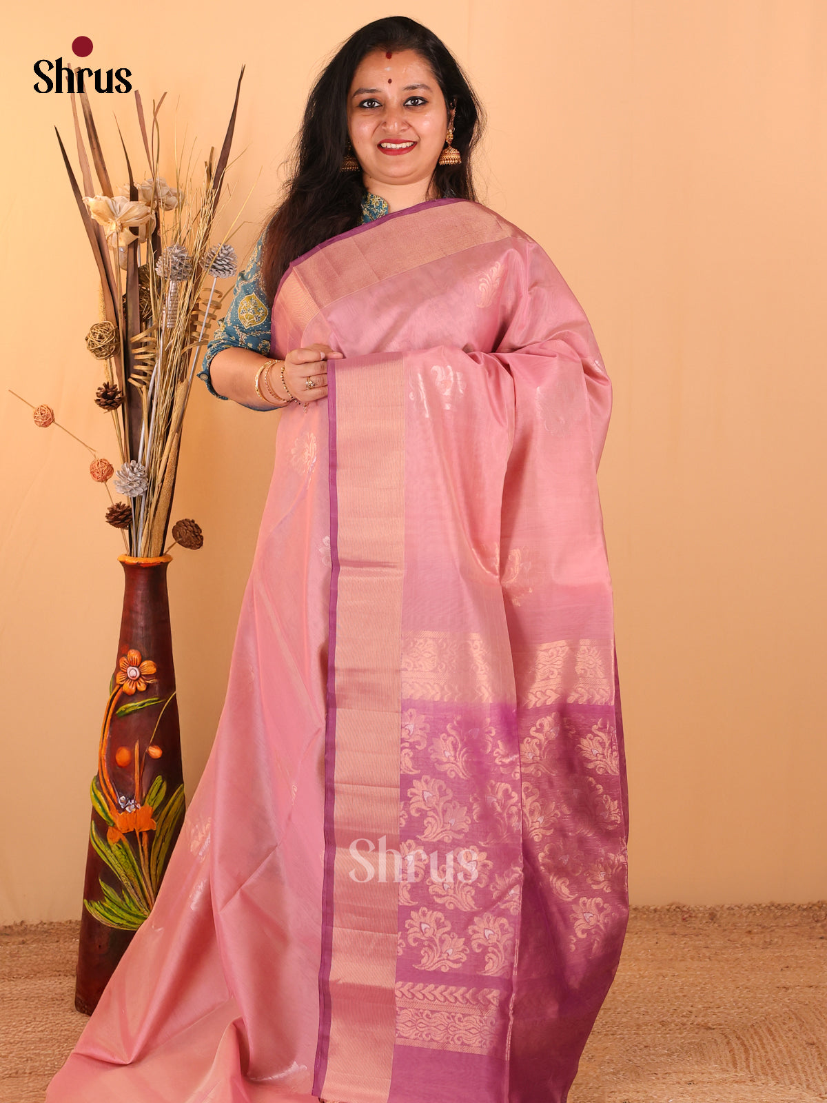 Onion Pink with Purple - Silk Cotton Saree - DDS10089 - Shop on Shrus.com