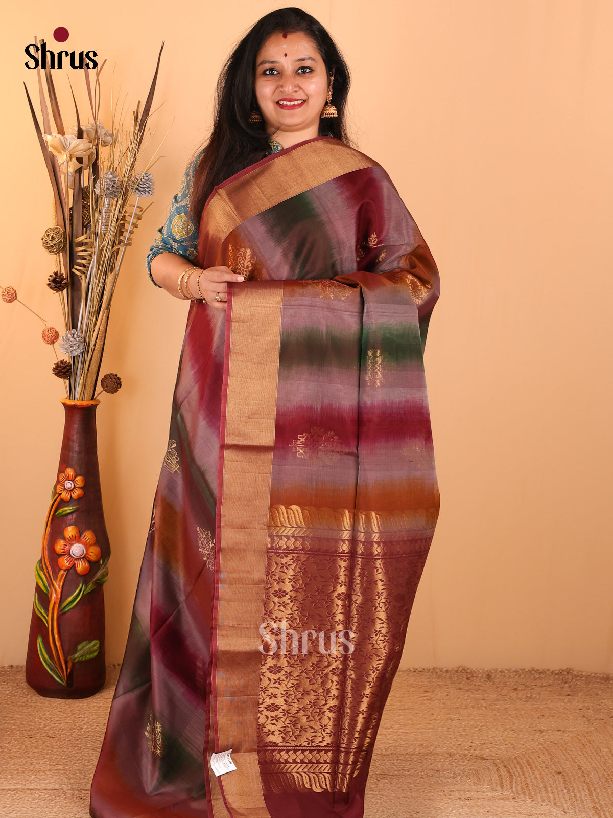 Multi Color Silk Cotton Saree With Floral Motifs & Zari Woven Border & Pallu in Maroon Base - Shop on Shrus.com