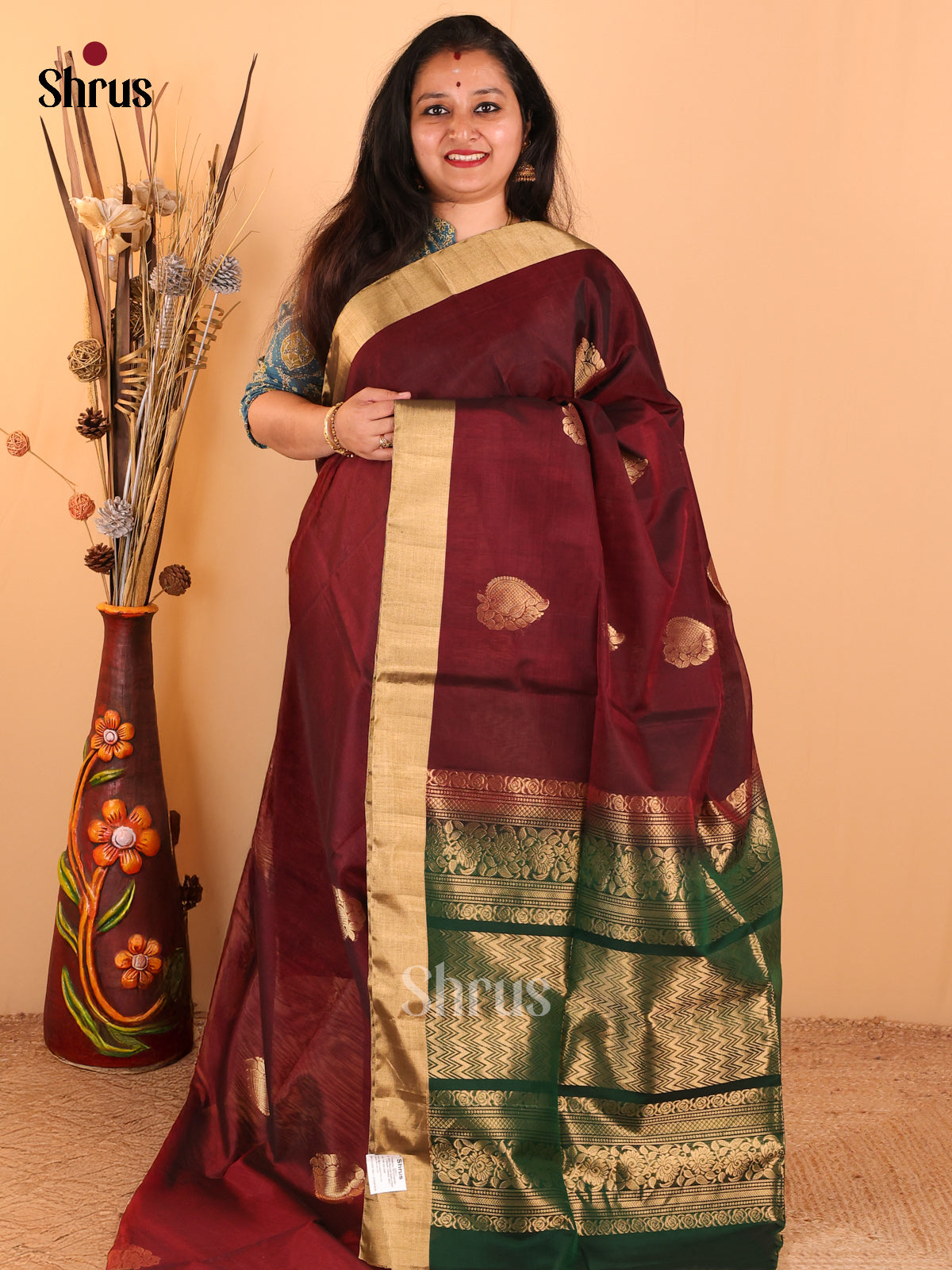 Dark Maroon with Green - Silk Cotton Saree - DDS10106 - Shop on Shrus.com