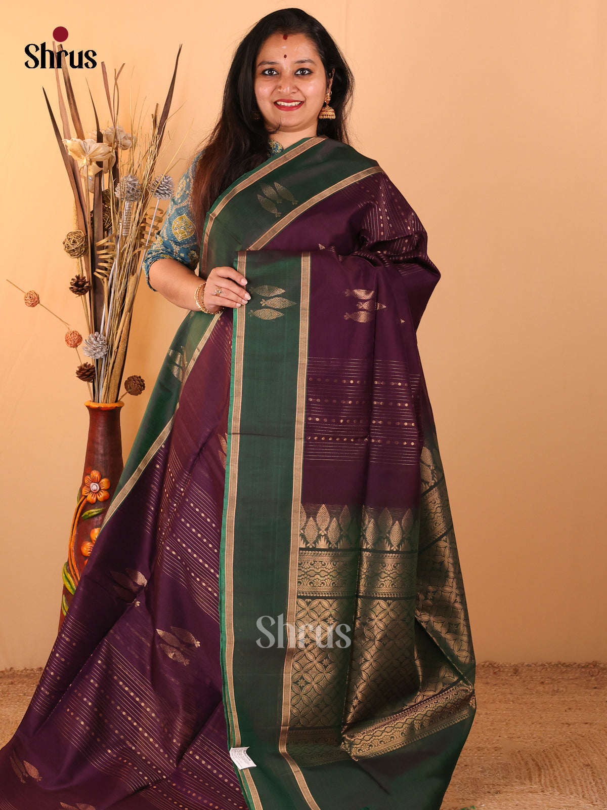 Purple with Green - Silk Cotton Saree - DDS10113 - Shop on Shrus.com