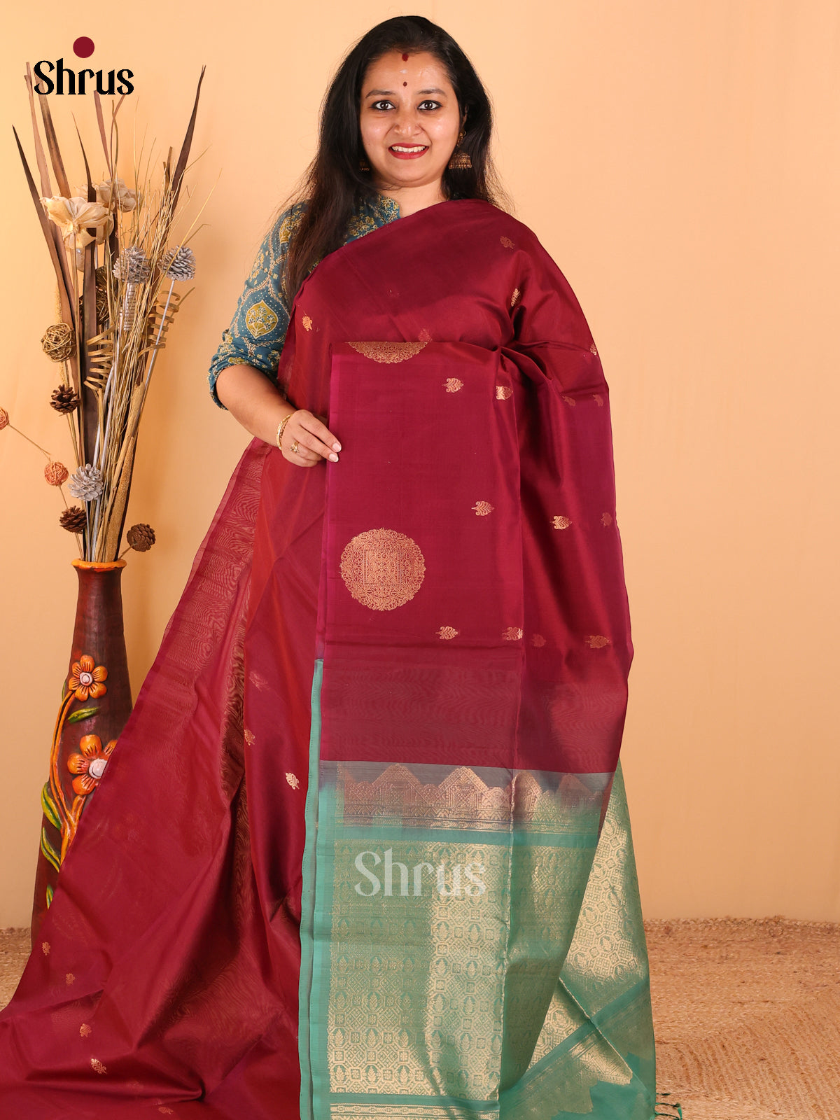 Exquisite Maroon Silk Cotton Saree With Zari Buttas, Circular Motifs & Pastel Green Pallu - Shop on Shrus.com