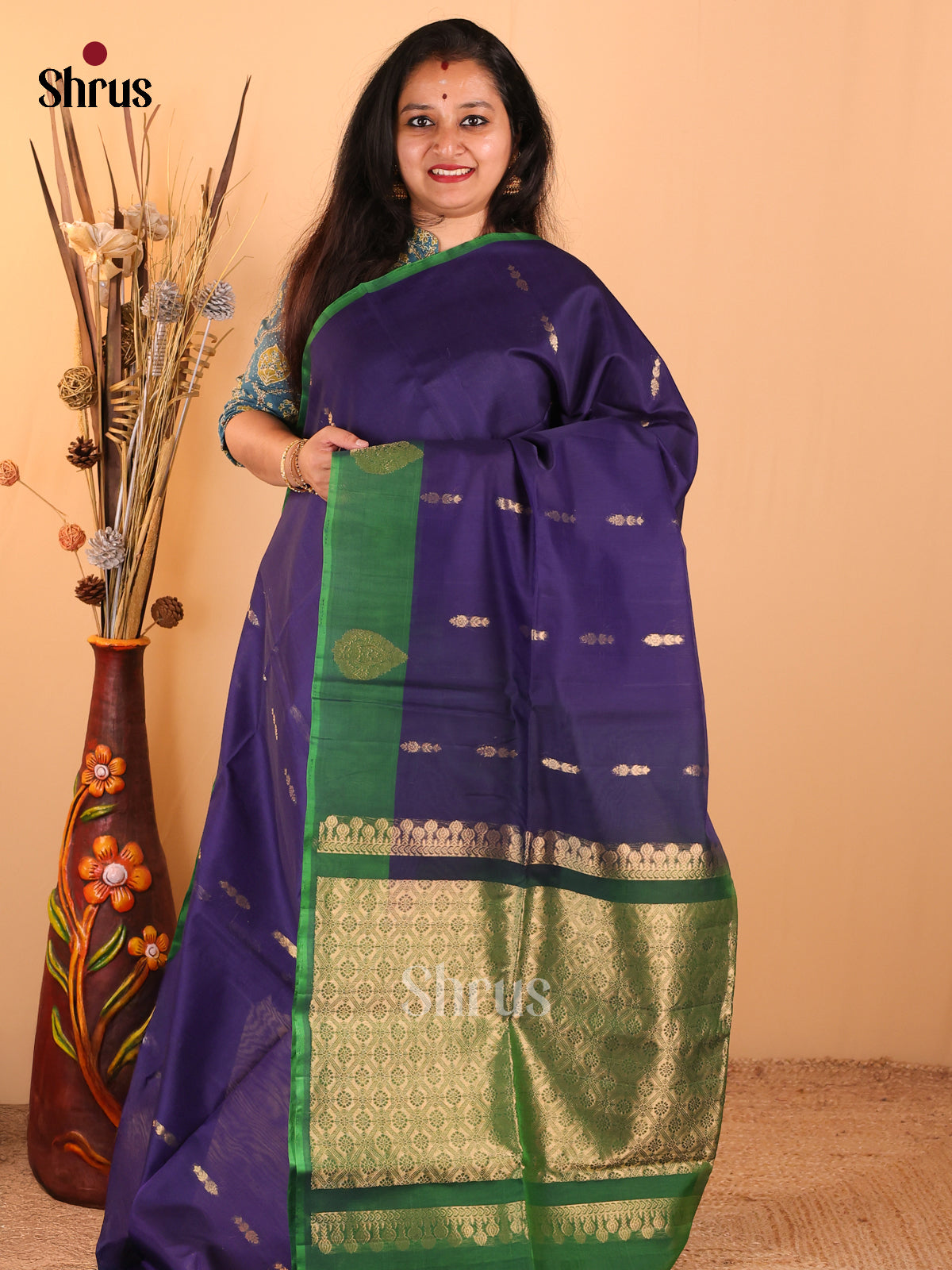 Dark Blue Silk Cotton Saree With Zari Woven Buttas Paired With Green Zari Border & Pallu - Shop on Shrus.com