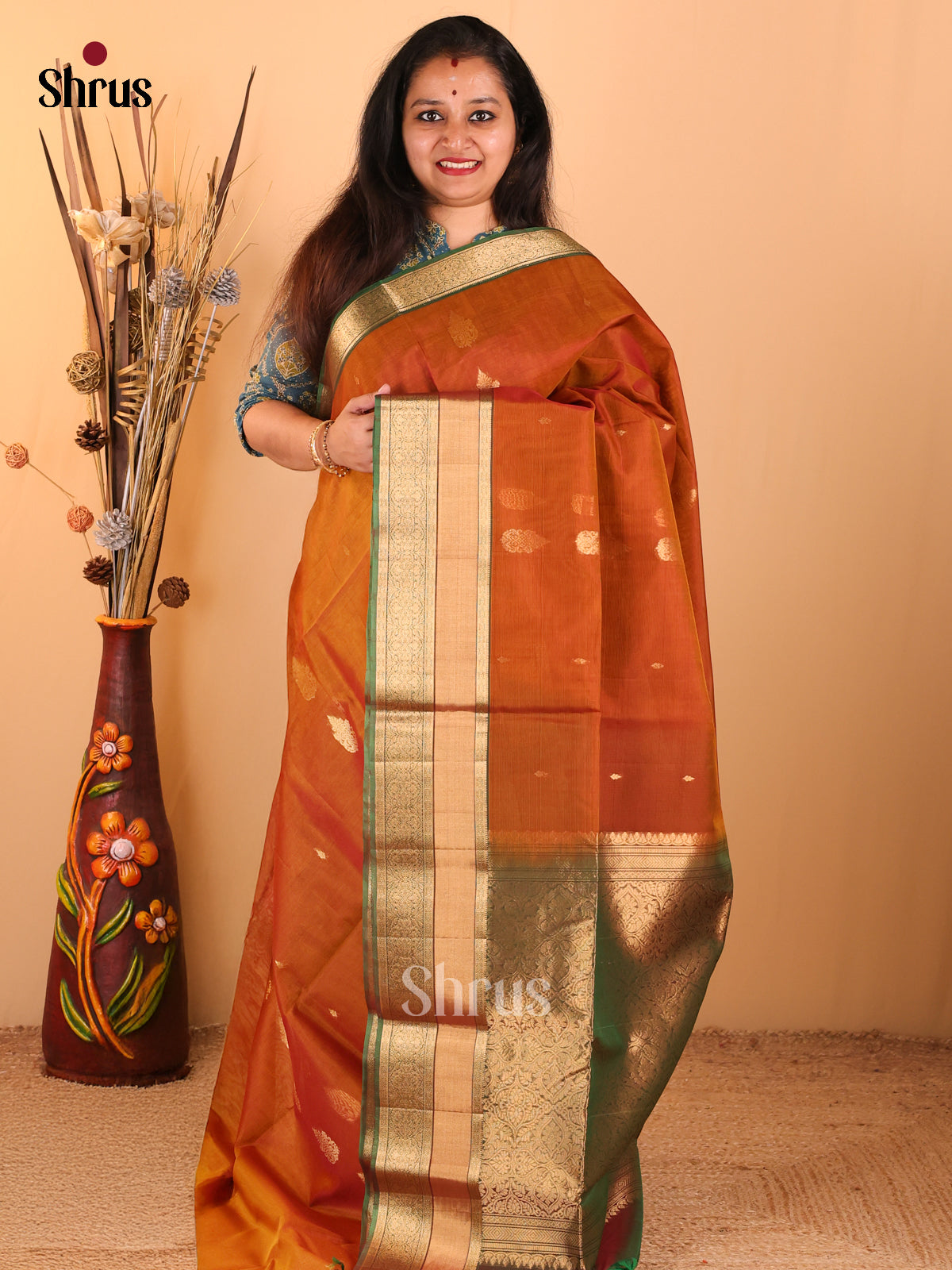 Rust with green - Silk Cotton Saree - DDS10131 - Shop on Shrus.com