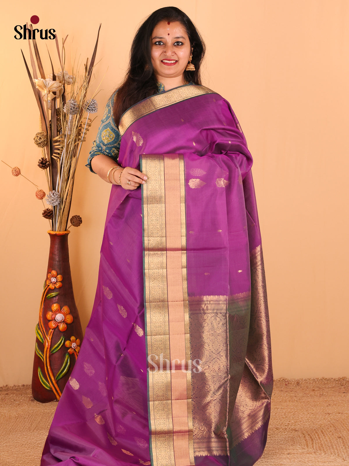 Purple with Green - Silk Cotton Saree - DDS10132 - Shop on Shrus.com