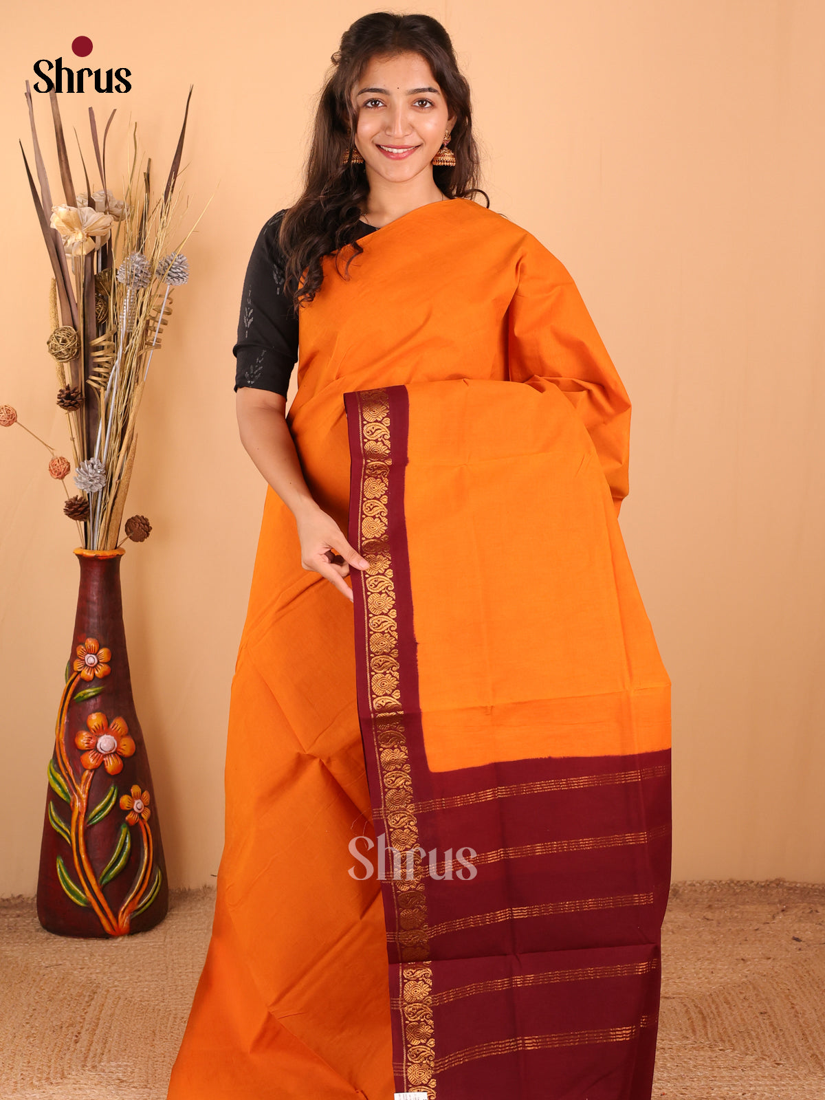 Mustard with Maroon - DDS11005 - Sungudi Cotton Saree - Shop on Shrus.com