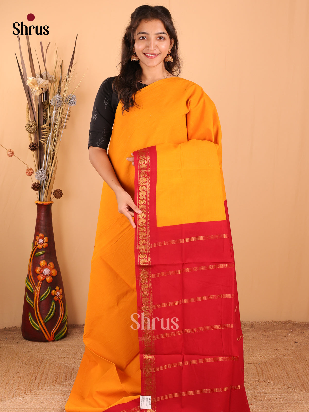 Mustard with Red - DDS11006 - Sungudi Cotton Saree - Shop on Shrus.com