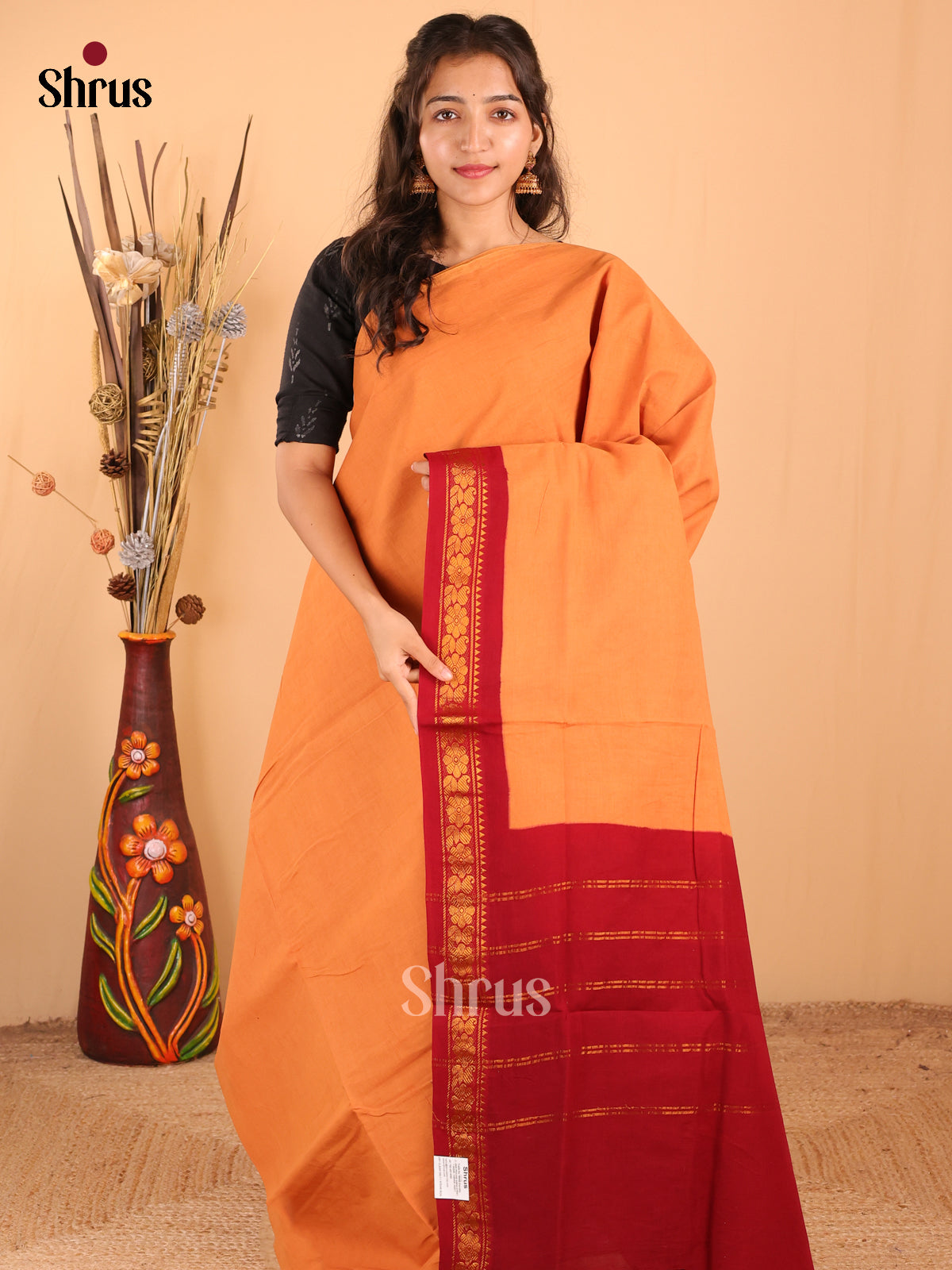 Lite Orange with Red - DDS11030 - Sungudi Cotton Saree - Shop on Shrus.com