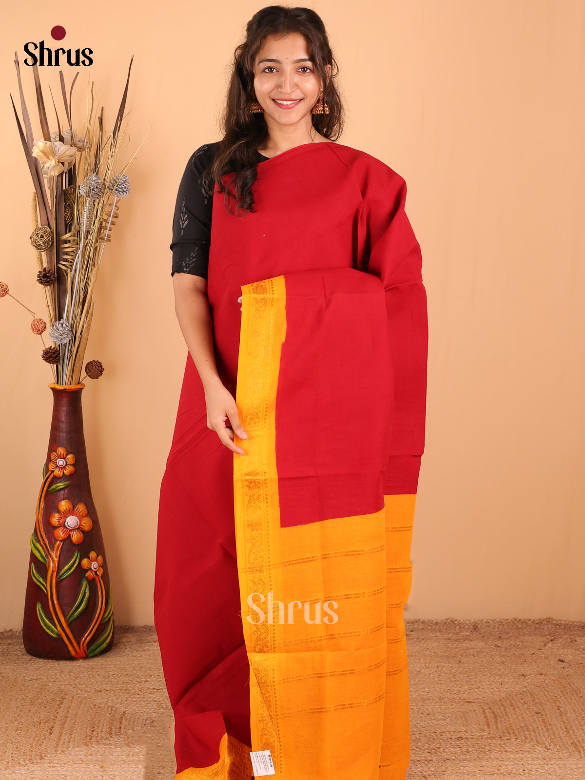 Red with Mustard - DDS11036 - Sungudi Cotton Saree - Shop on Shrus.com