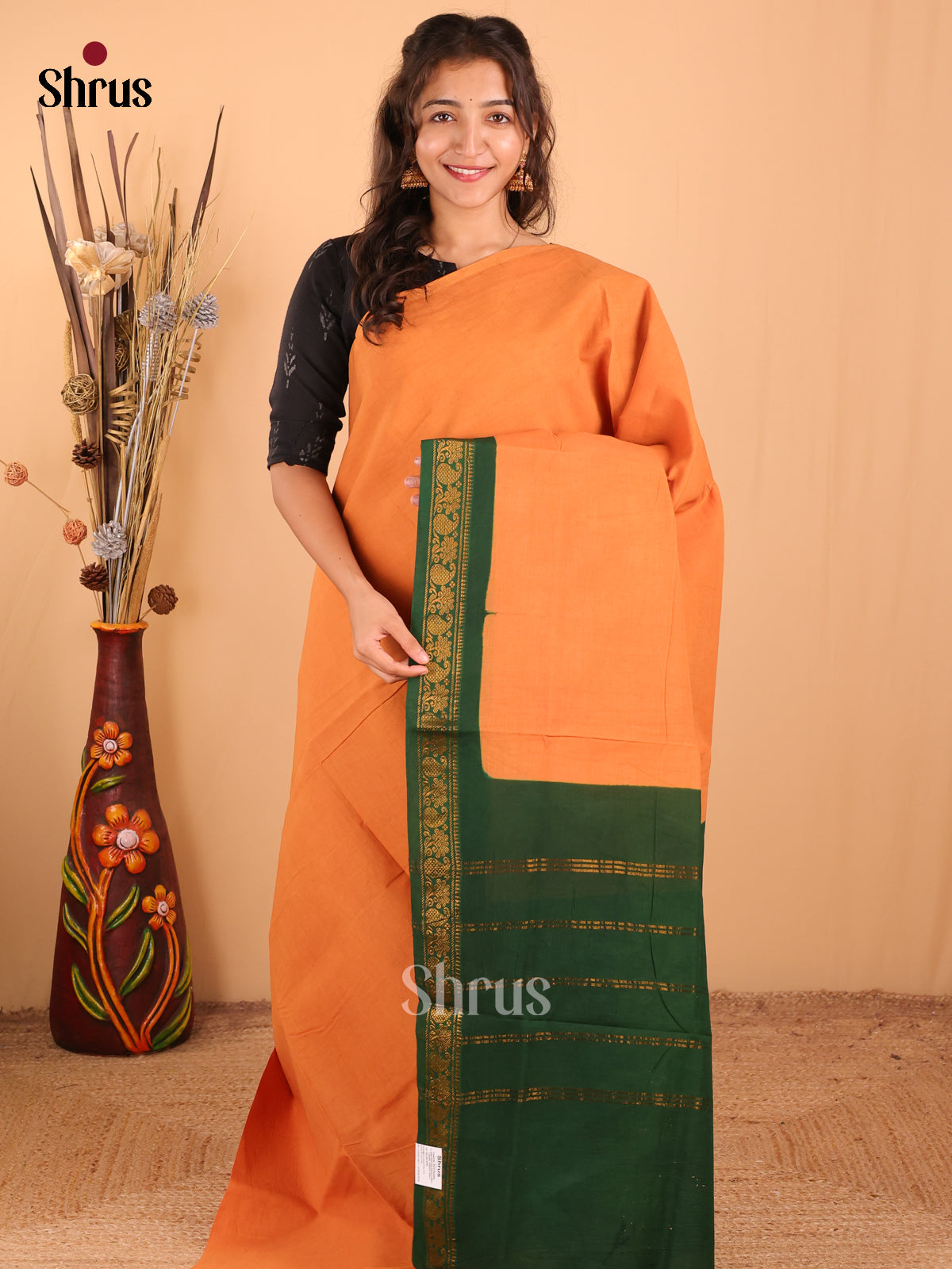 Pale Orange with Green - DDS11045 - Sungudi Cotton Saree - Shop on Shrus.com