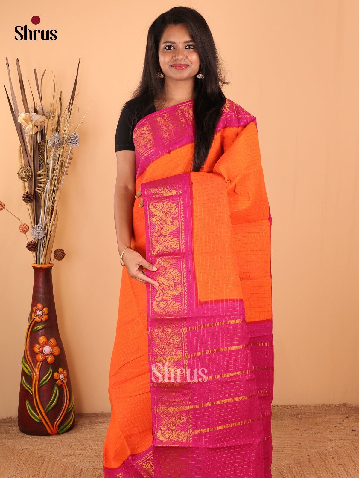 Orange with Pink - DS11065 - Sungudi Cotton Saree - Shop on Shrus.com