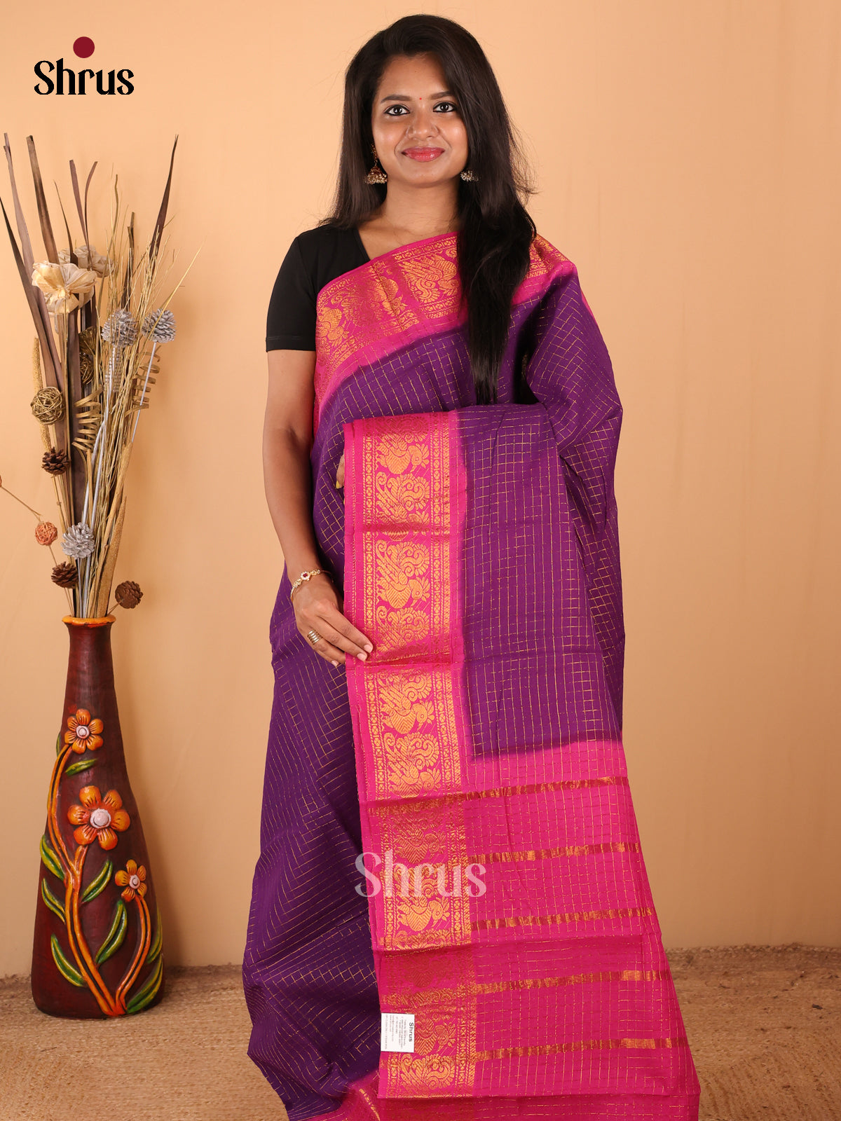 Violet with Pink - DDS11066 - Sungudi Cotton Saree - Shop on Shrus.com