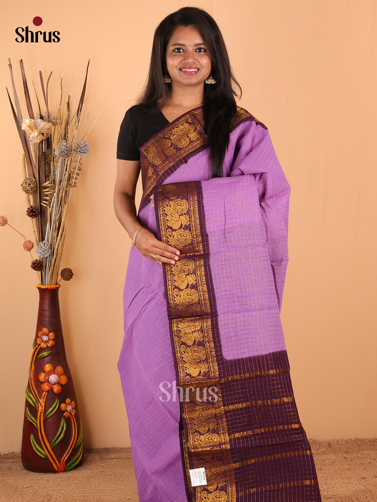 Lavender with Purple - DDS11067 - Sungudi Cotton Saree - Shop on Shrus.com