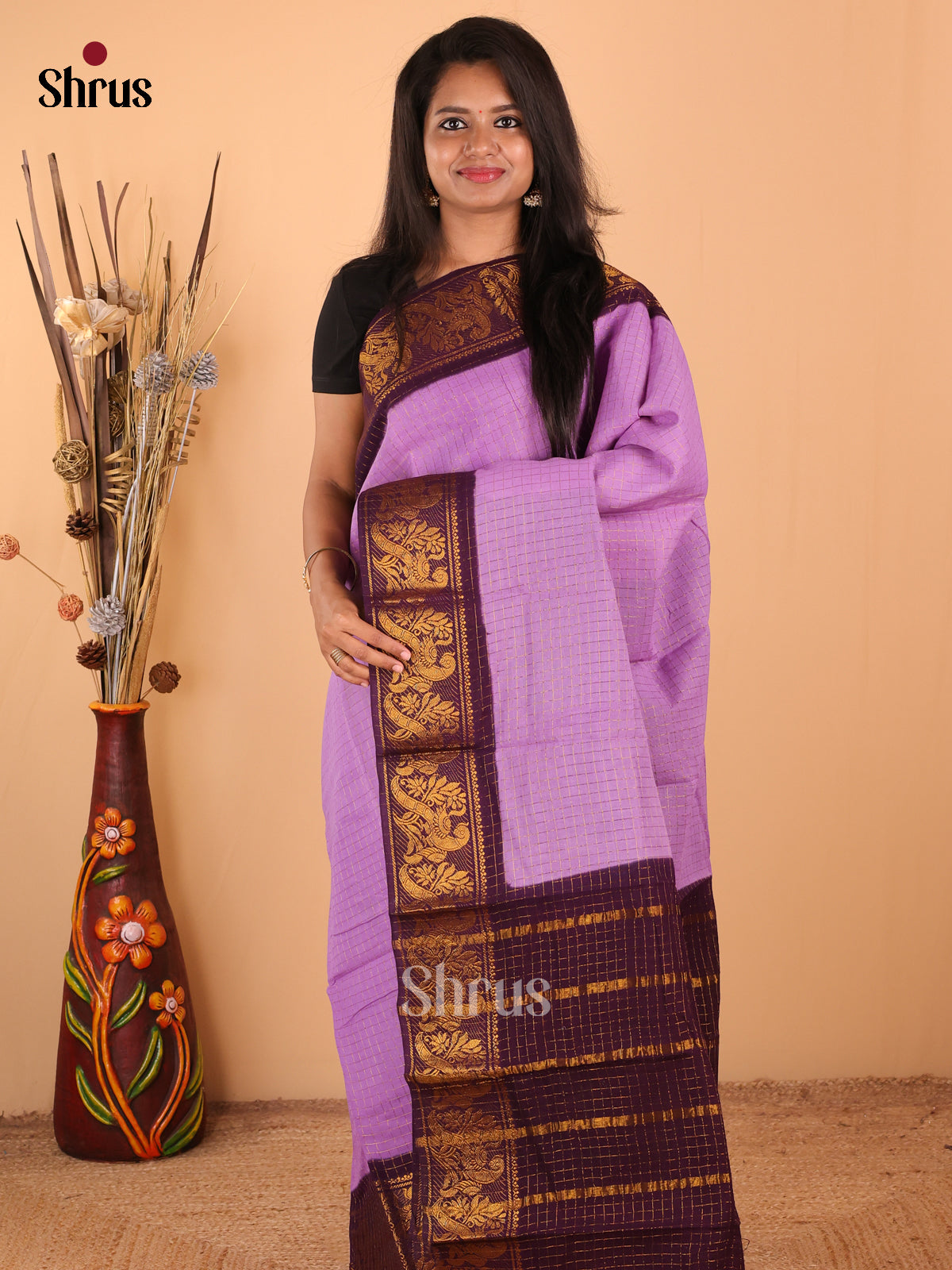 Lavender with Purple - DDS11069 - Sungudi Cotton Saree - Shop on Shrus.com