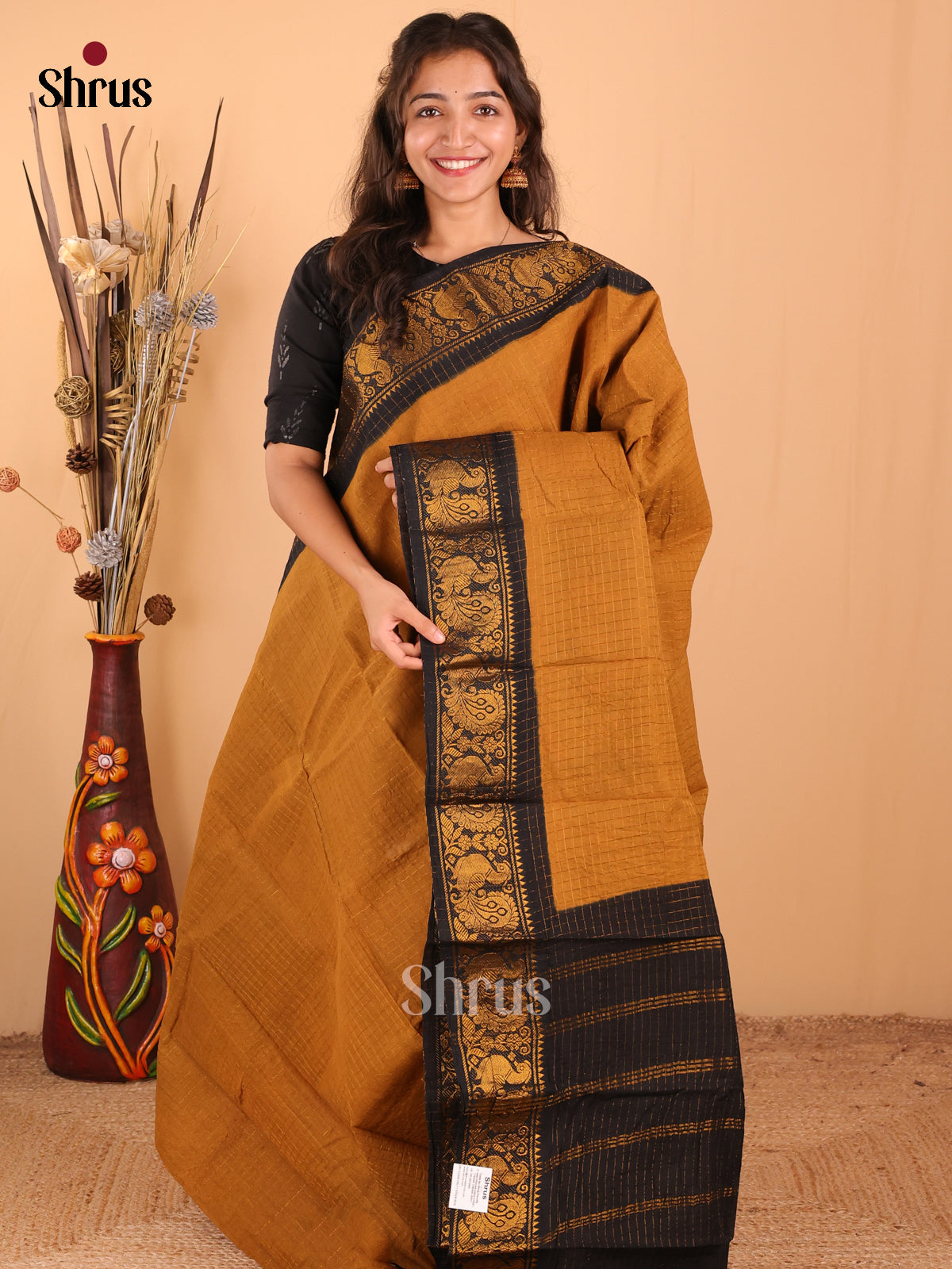 Mustard with Black - DDS11077 - Sungudi Cotton Saree - Shop on Shrus.com