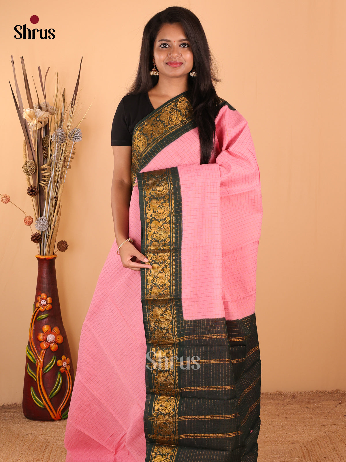 Pink with Green - DDS11084 - Sungudi Cotton Saree - Shop on Shrus.com