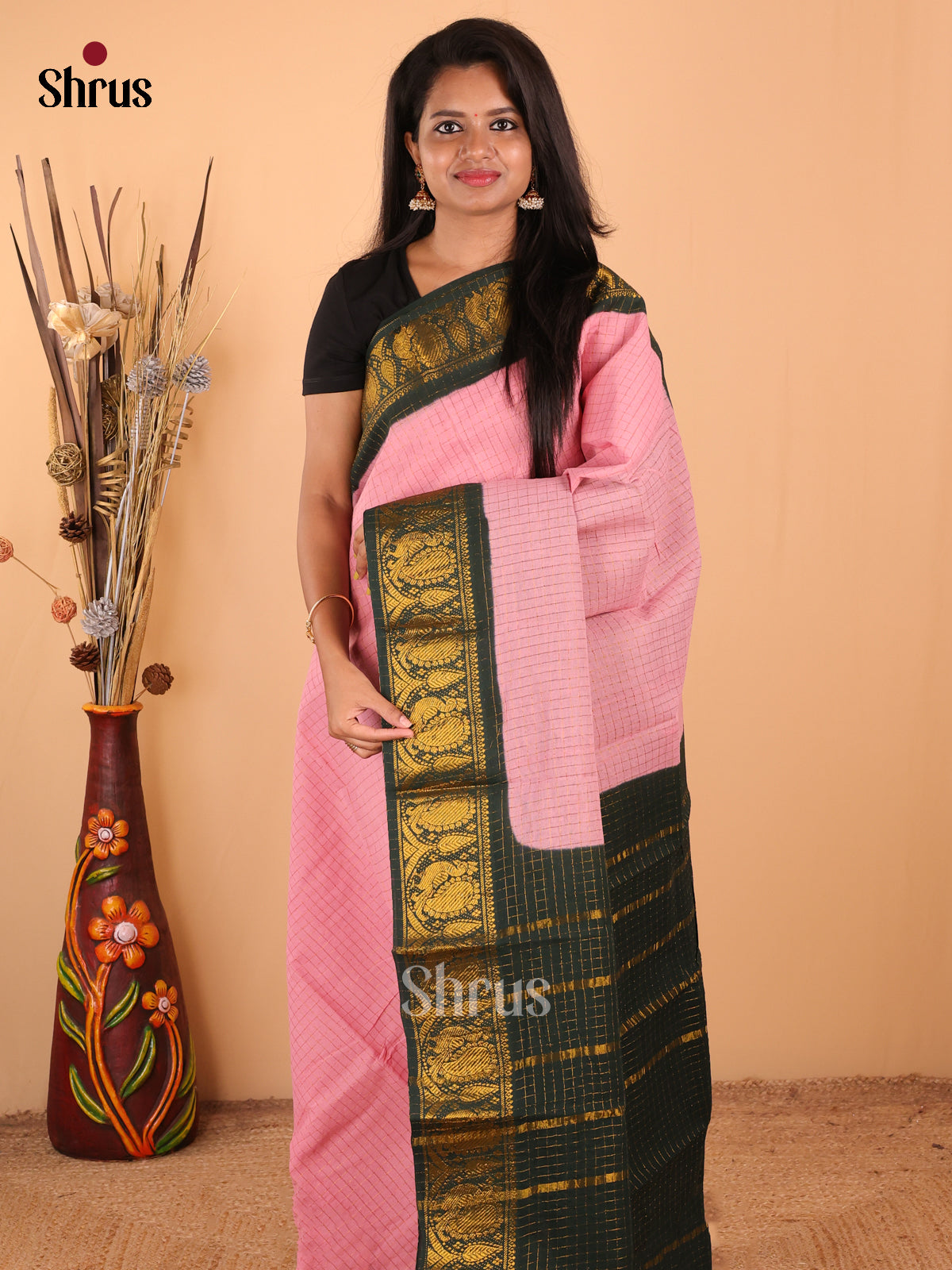 Pink with Green - DDS11087 - Sungudi Cotton Saree - Shop on Shrus.com