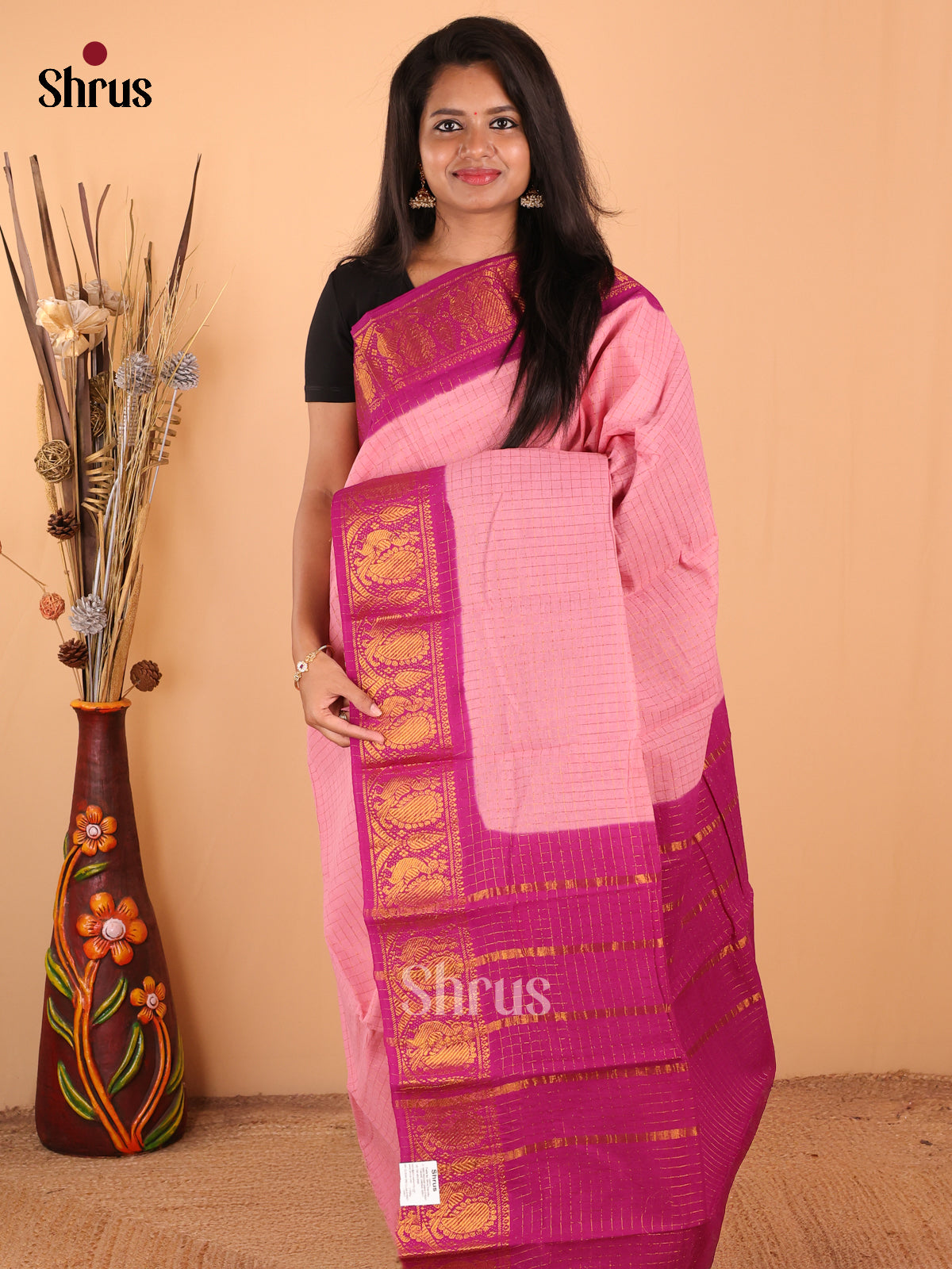 Baby Pink with Pink - DDS11090 - Sungudi Cotton Saree - Shop on Shrus.com